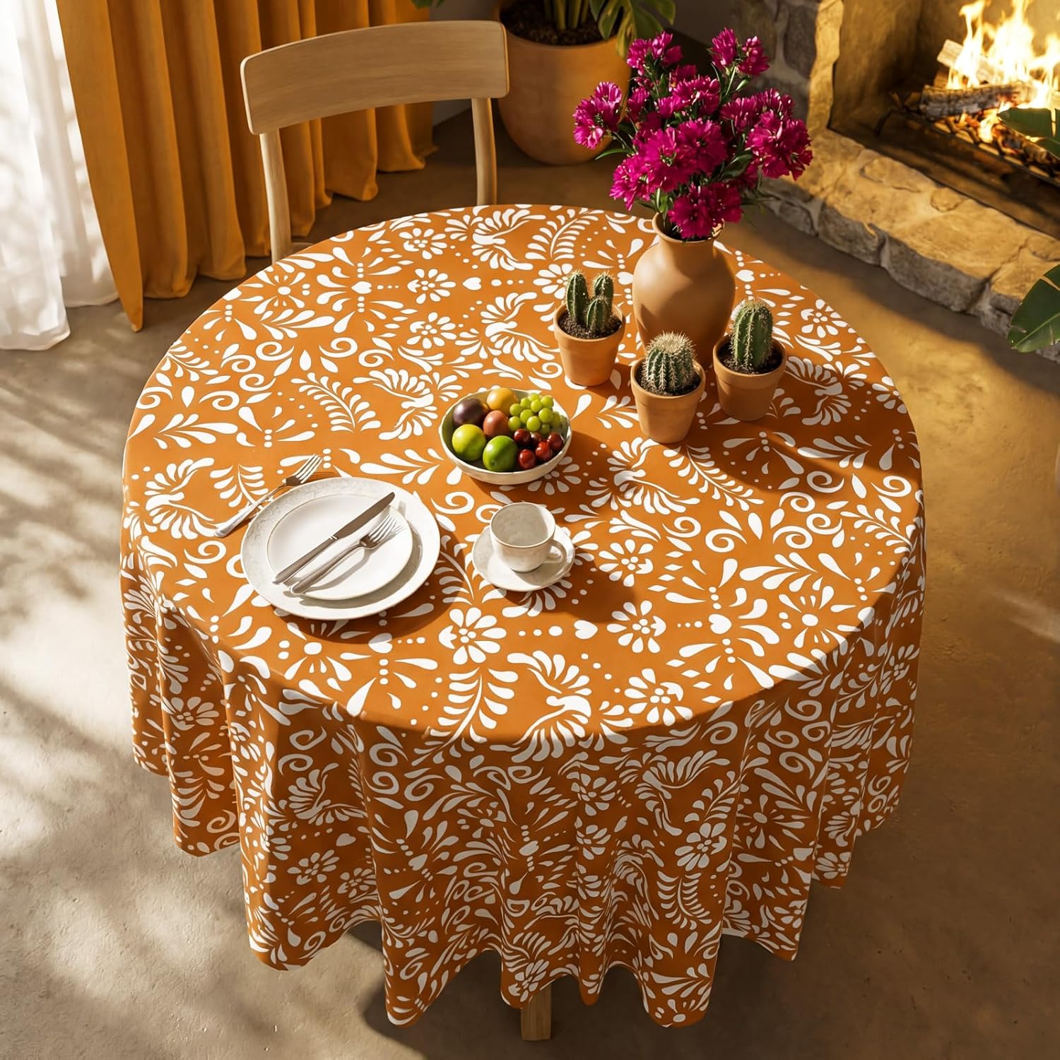 Ganeen 6 Pcs Cielito Lindo Tablecloth Mexican Round Disposable Plastic Tablecloths 84 Inch De Barro Mexican Terracotta Plastic Waterproof Table Covers for Wedding Bridal Shower Decoration Party Favor