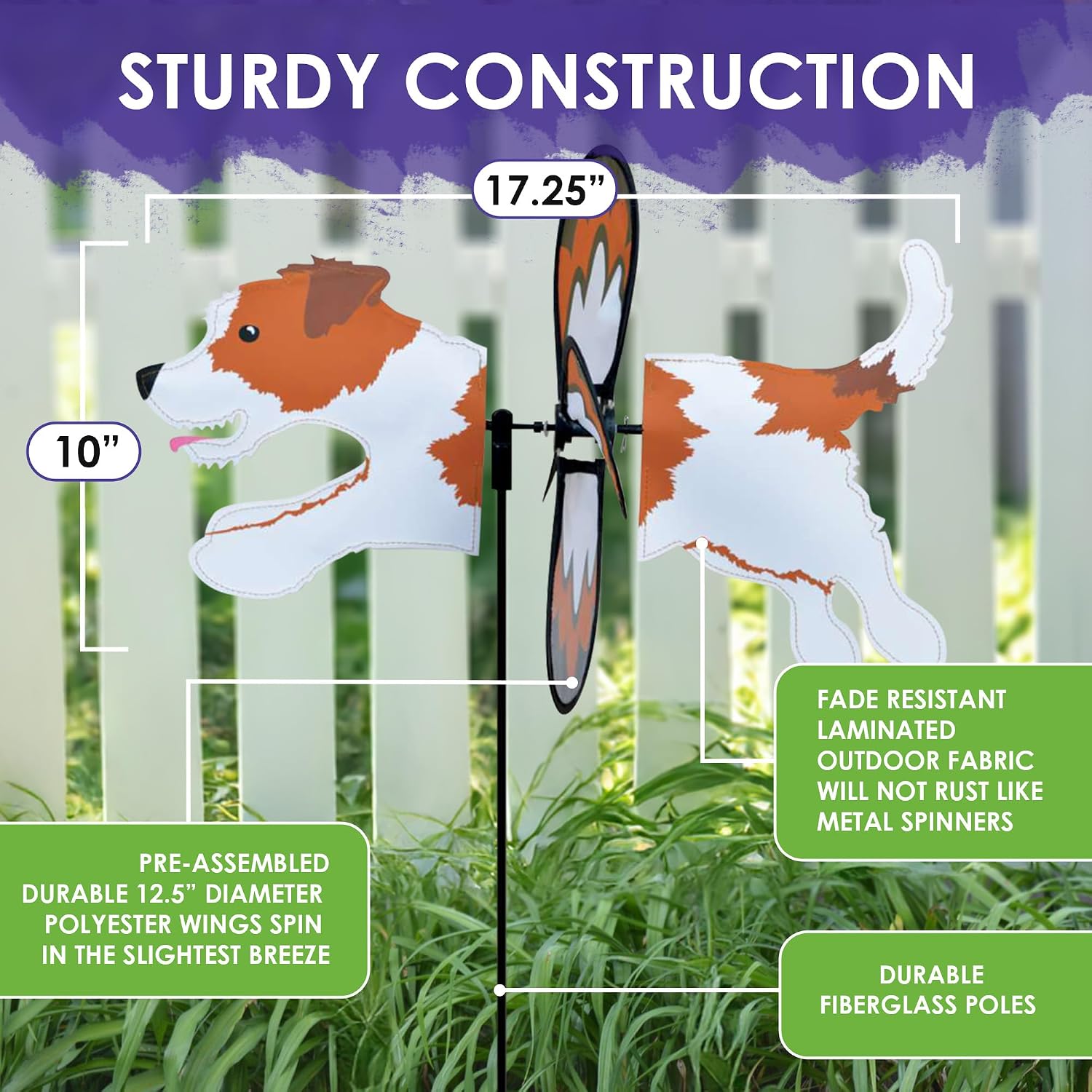 Premier Kites Petite Spinner Jack Russell – Whimsical Wind Spinner for Yard & Garden, Durable Weather-Resistant Fabric, Easy to Assemble, Outdoor Decor for Patios, Lawns, & Fairy Lovers