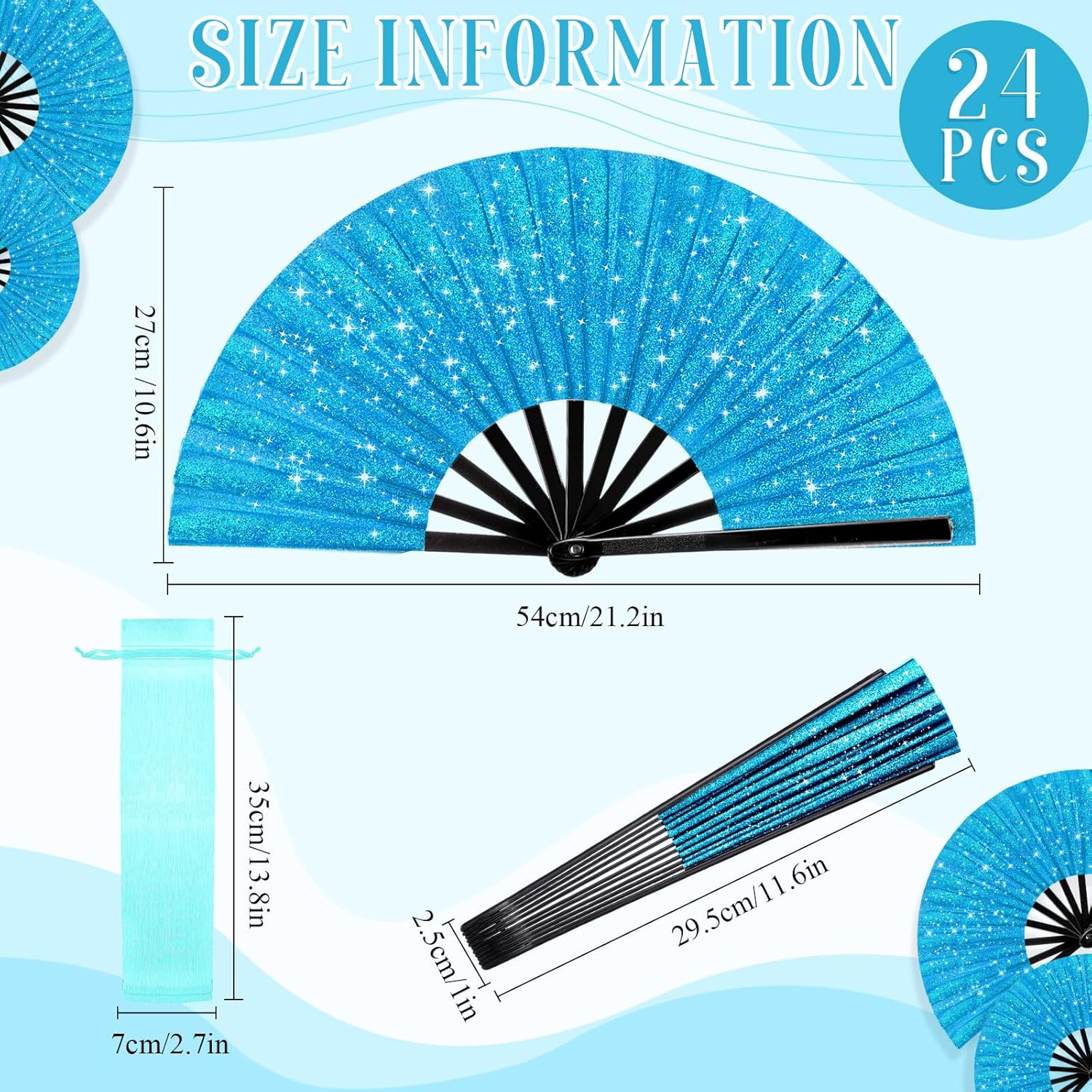 Vercraft 24 Pcs Large Folding Hand Fans for Line Dancing, Fan with Bag Clapping Popping Raves Fans Bulk for Wedding Edm Club Party Decoration(Blue)