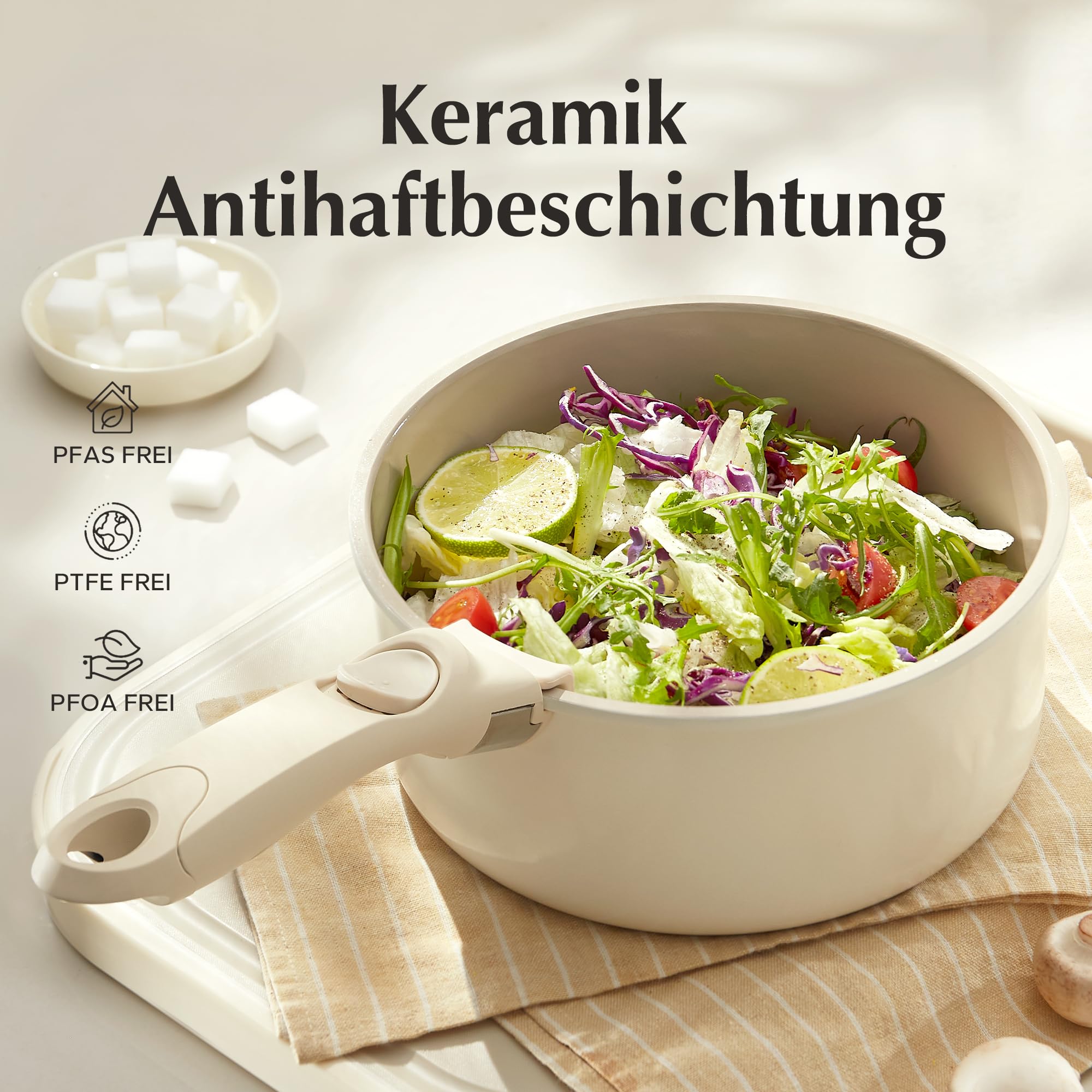 Redchef Set di Pentole Ceramica e Casseruola con manici rimovibili, pentole antiaderenti 16/18/20cm, coperchio ermetico 3-in-1, compatibile con induzione e tutti i piani cottura, resistenti al forno