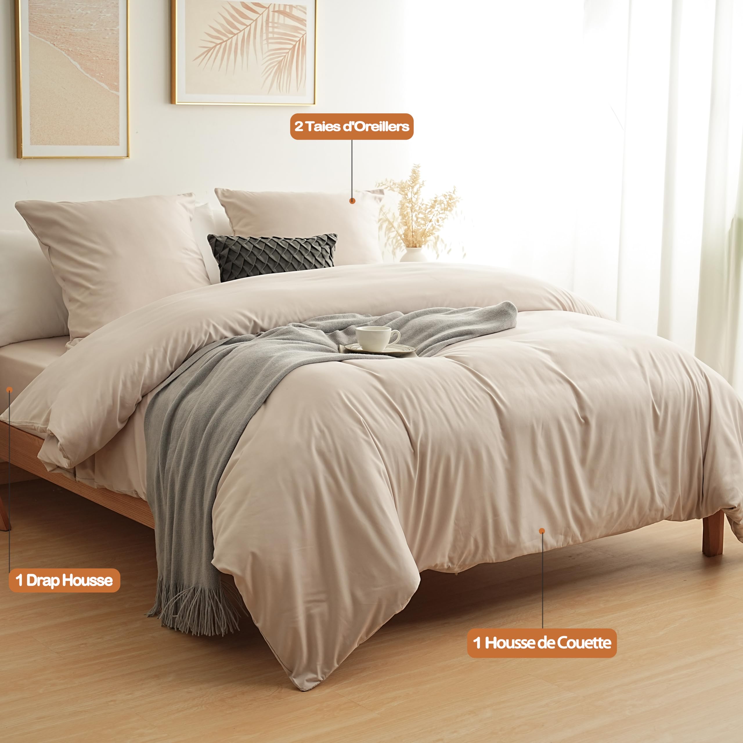 MOHAP Parure de Lit 4 Pièces Housse de Couette 220x240cm + Drap Housse 140x190/200cm avec 2 taies d'oreillers 65x65cm Beige pour 2 Personnes Parure 120 Fils/cm² en Microfibre