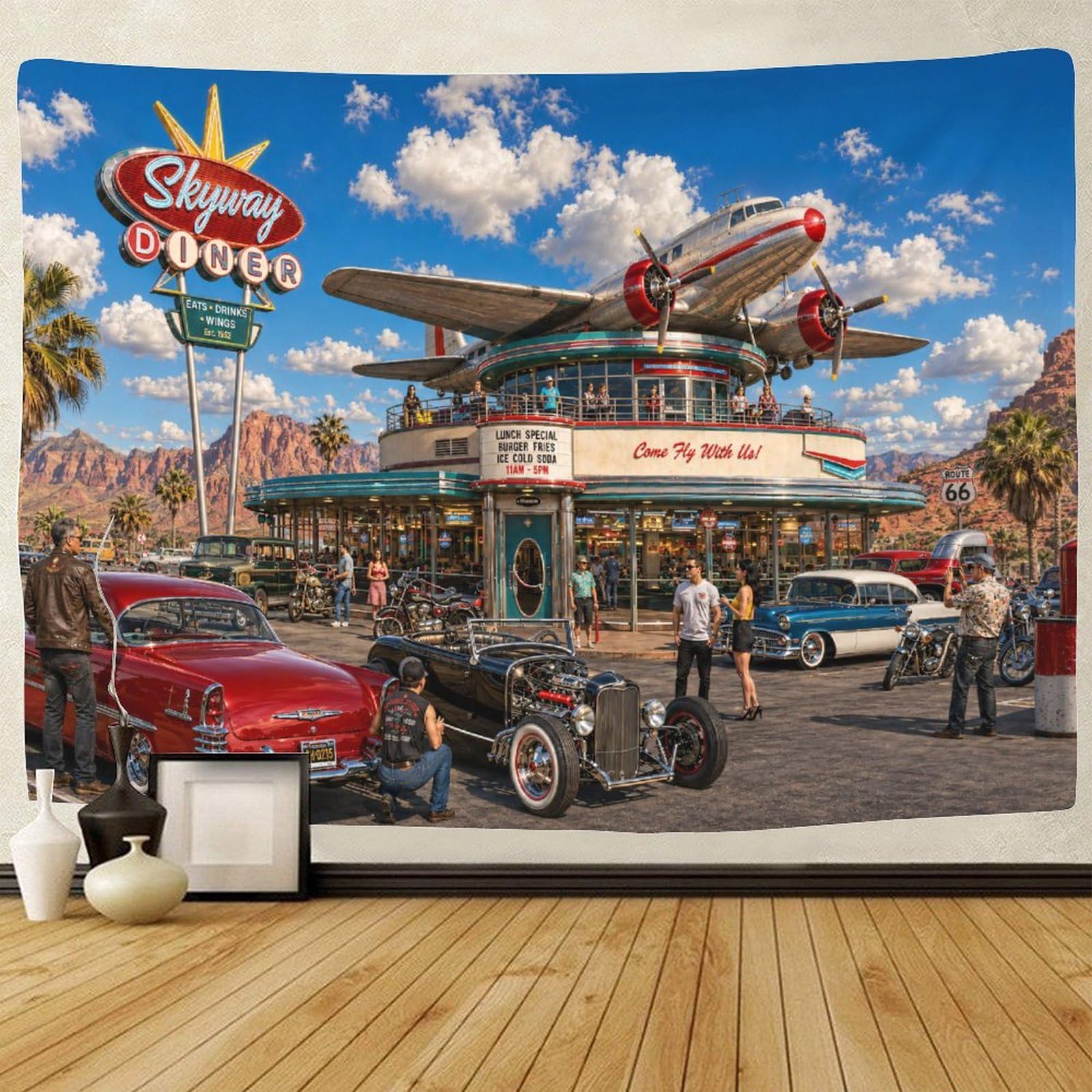 GPMNBCXZK Cute Route 66 Vintage Aircraft Wall Tapestry 3D Print Wall Art Decor Tapestries Poster Home Decoration Bedroom Dorm 130cmx150cm