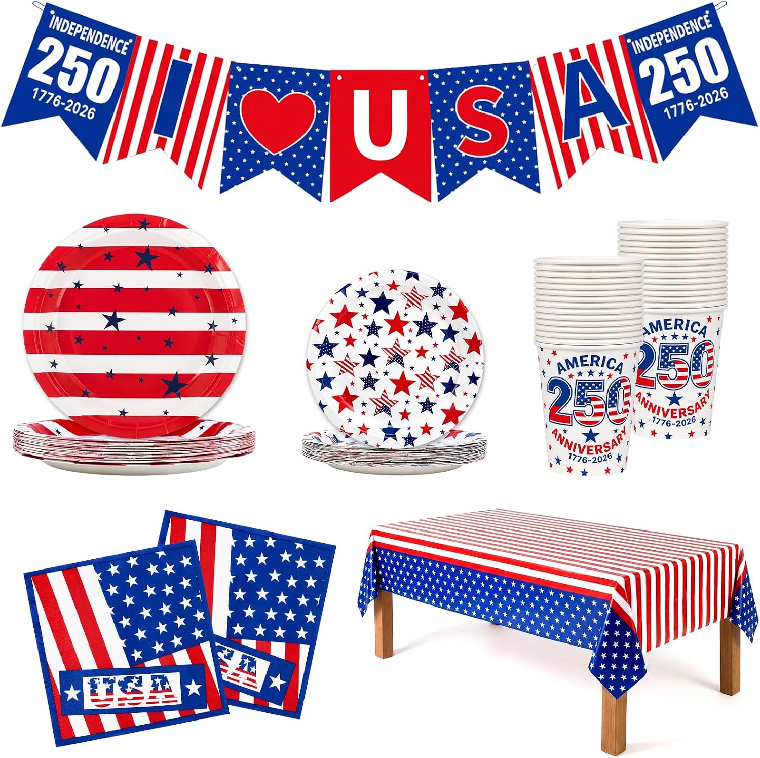 4th of July Party Supplies, American Flag Patriotic Decorations, USA 250th Anniversary, Memorial Day Decorations, Disposable Paper Plates, Cups, Banner, Tablecloth and Napkins Sets, Serve 24