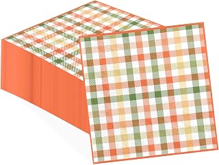 Grencian 100Pcs Fall Gingham Paper Napkins 2 Ply Thanksgiving Orange Green Plaid Disposable Absorbent Hand Towels Napkins for Guest Autumn Seasonal Wedding Lunch Dinner Bathroom Kitchen Supplies
