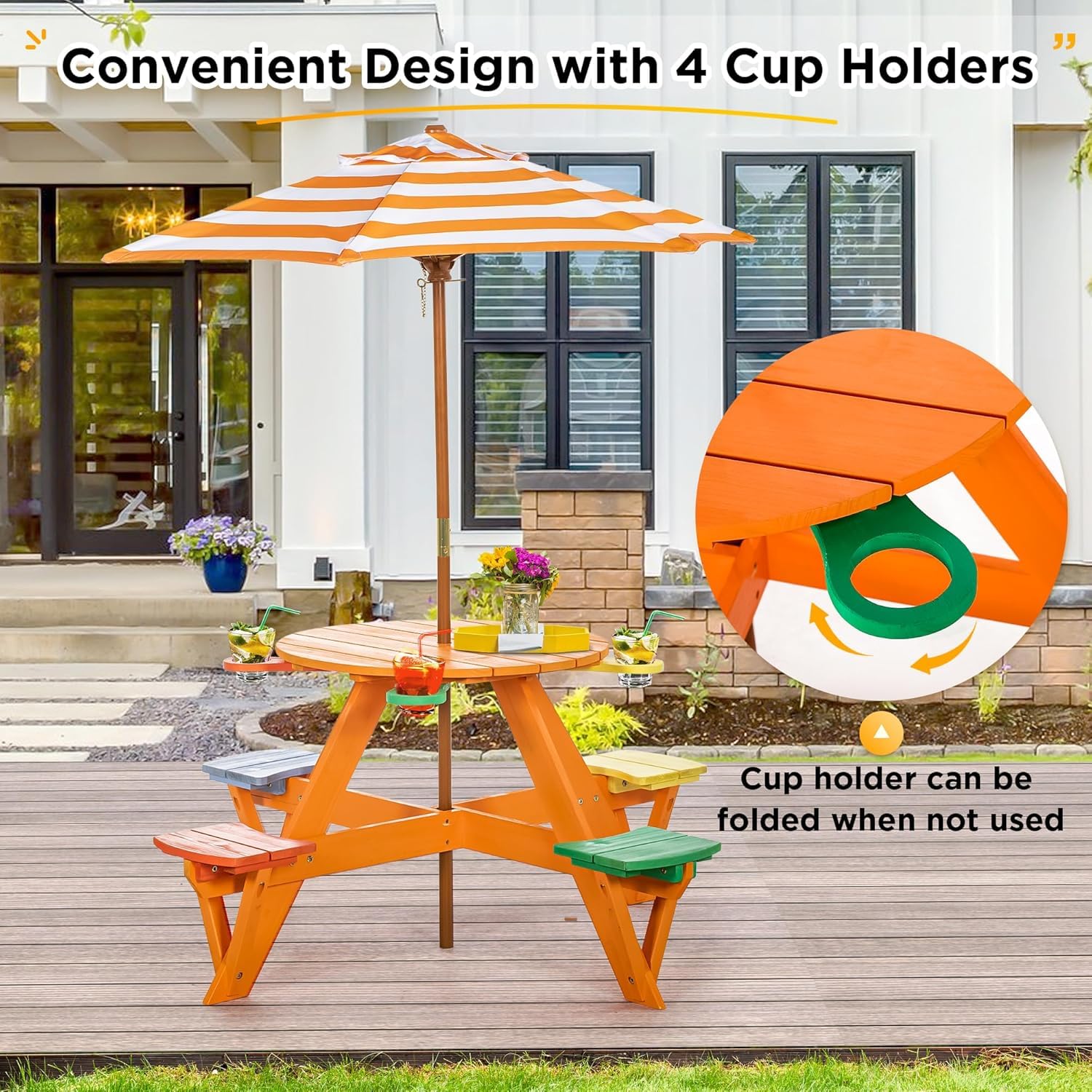BRINJOY Kindersitzgruppe, Kinder Picknicktisch mit Bänke, Kissen & Sonnenschirm höhenverstellbarem, Kindersitzgarnitur aus Holz, Sitzgarnitur, Sitzgruppe Outdoor, Kinder gartenmöbel (Orange)