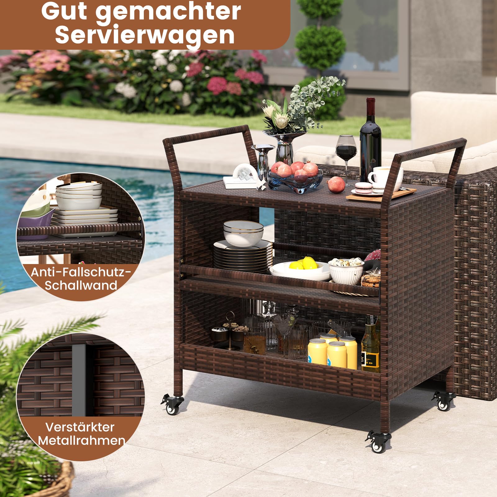 COSTWAY Servierwagen Rattan, Küchenwagen mit 3 Ablagen & Rollen & Seitengriffen, Grillwagen Grilltisch Outdoor für Garten, Pool, Veranda, 86 x 50 x 89 cm