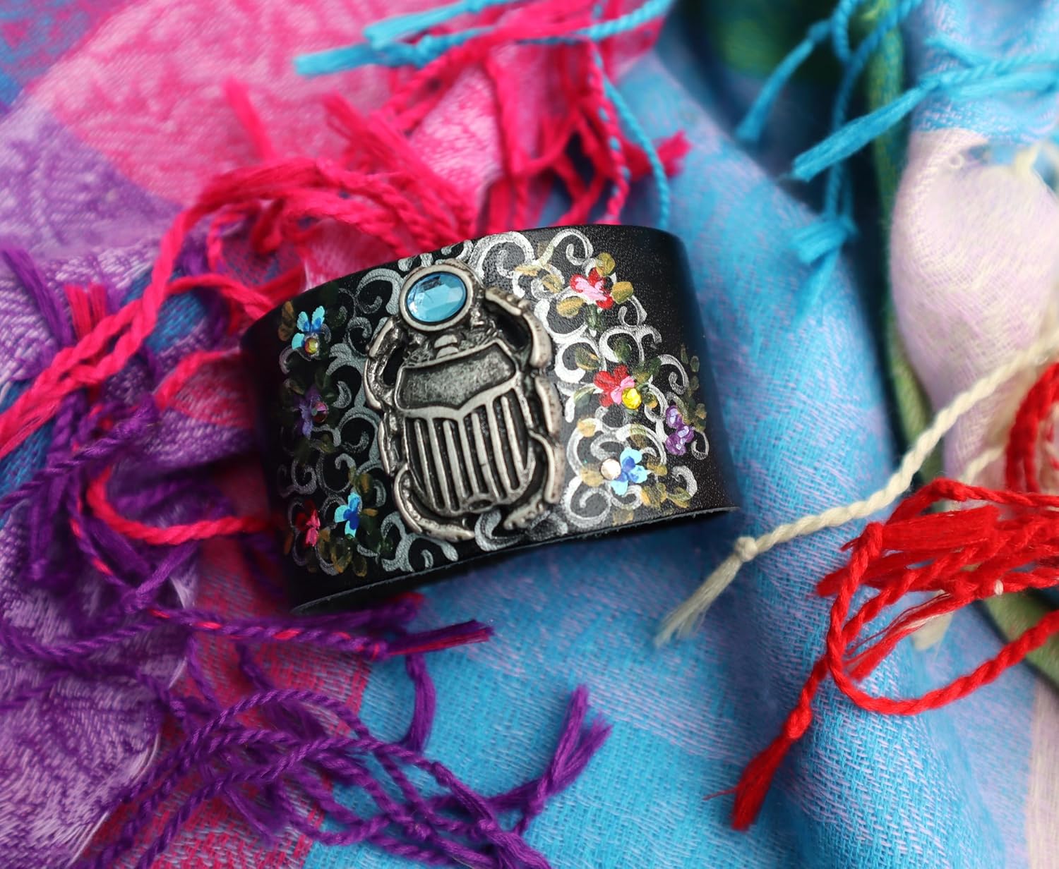 Bohemian Adjustable Black Leather Cuff Bracelet with Silver Egyptian Scarab Beetle Stud Multicolor Artist Hand Painted Flowers Crystal Rhinestones Boho Protection Jewelry for Women
