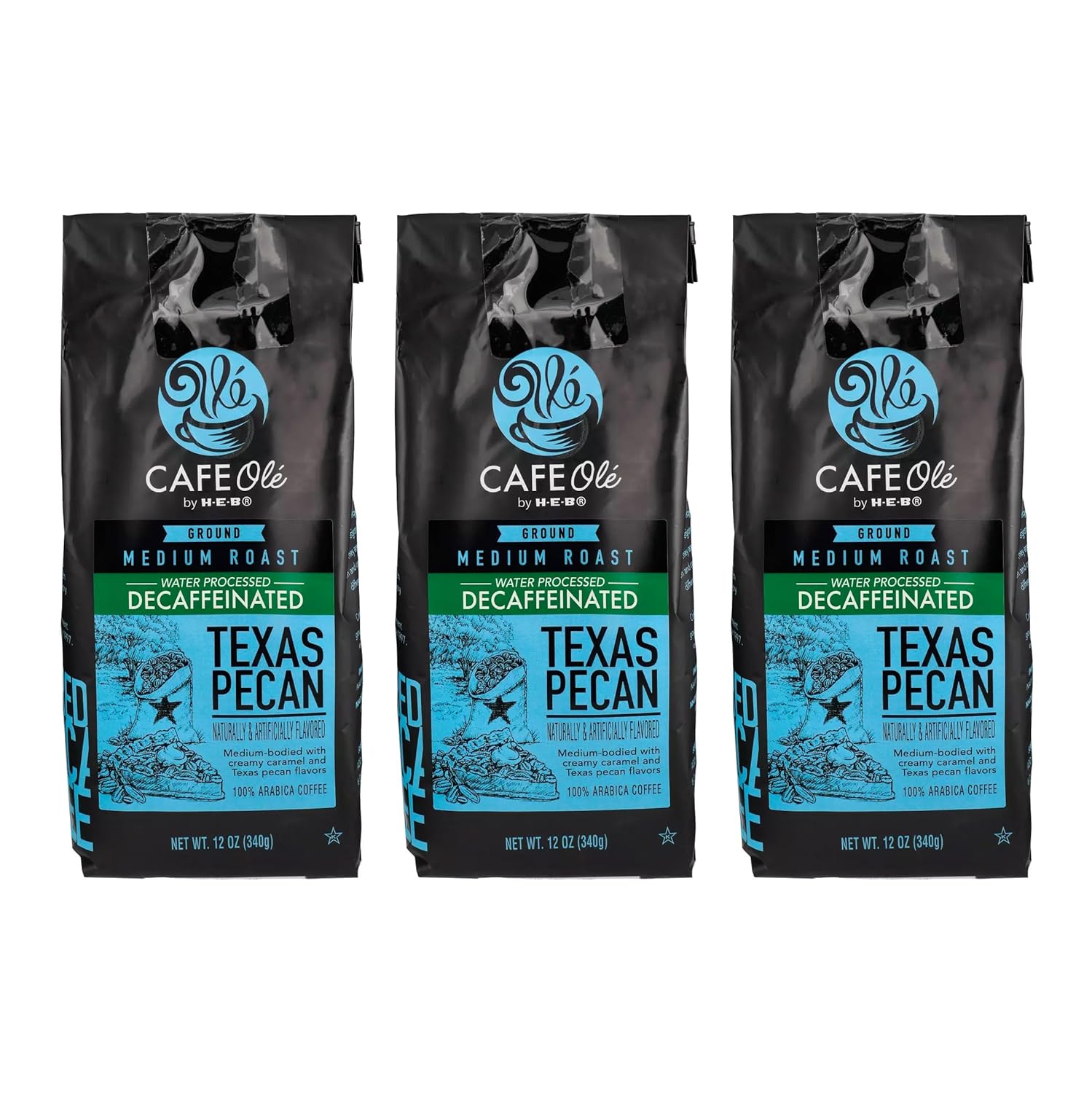 Cafe Ole – Texas Pecan Decaffeinated Coffee – Ground Decaf – 12 oz. (3 Pack)