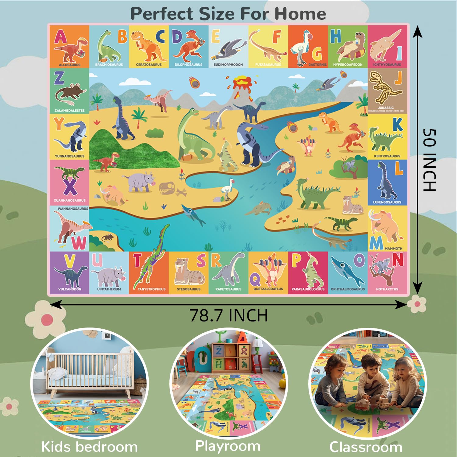 Vmterliya Dinosaur World ABC Kids Rug, TPR Nonslip Educational Area Rugs with Animals and Words Toddler Baby Child Playmat Carpet Rug for Classroom Playroom Bedroom