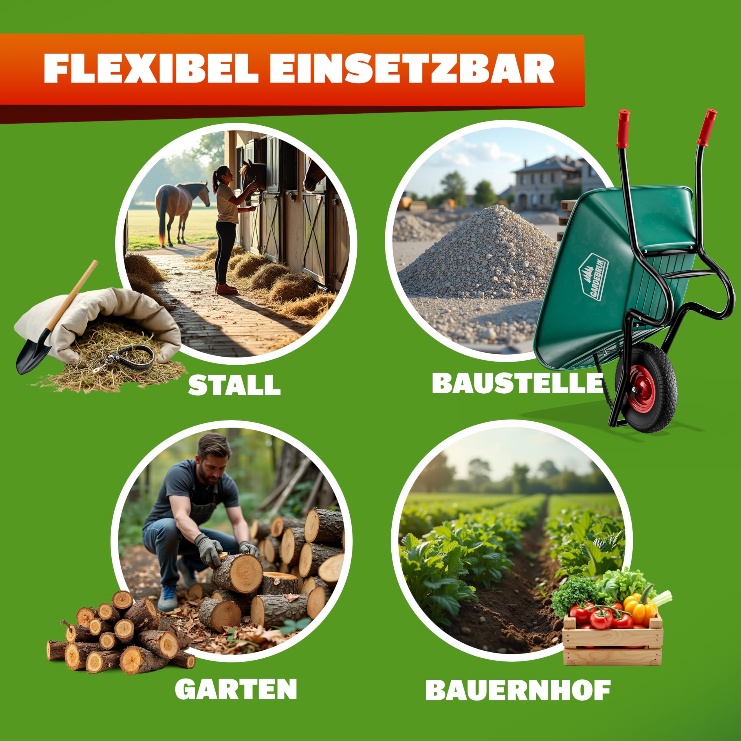 GARDEBRUK Schubkarre 100 Liter Bauschubkarre Gartenschubkarre bis 250kg Belastbarkeit Luftreifen stabile Ausführung mit Kunstoffwanne