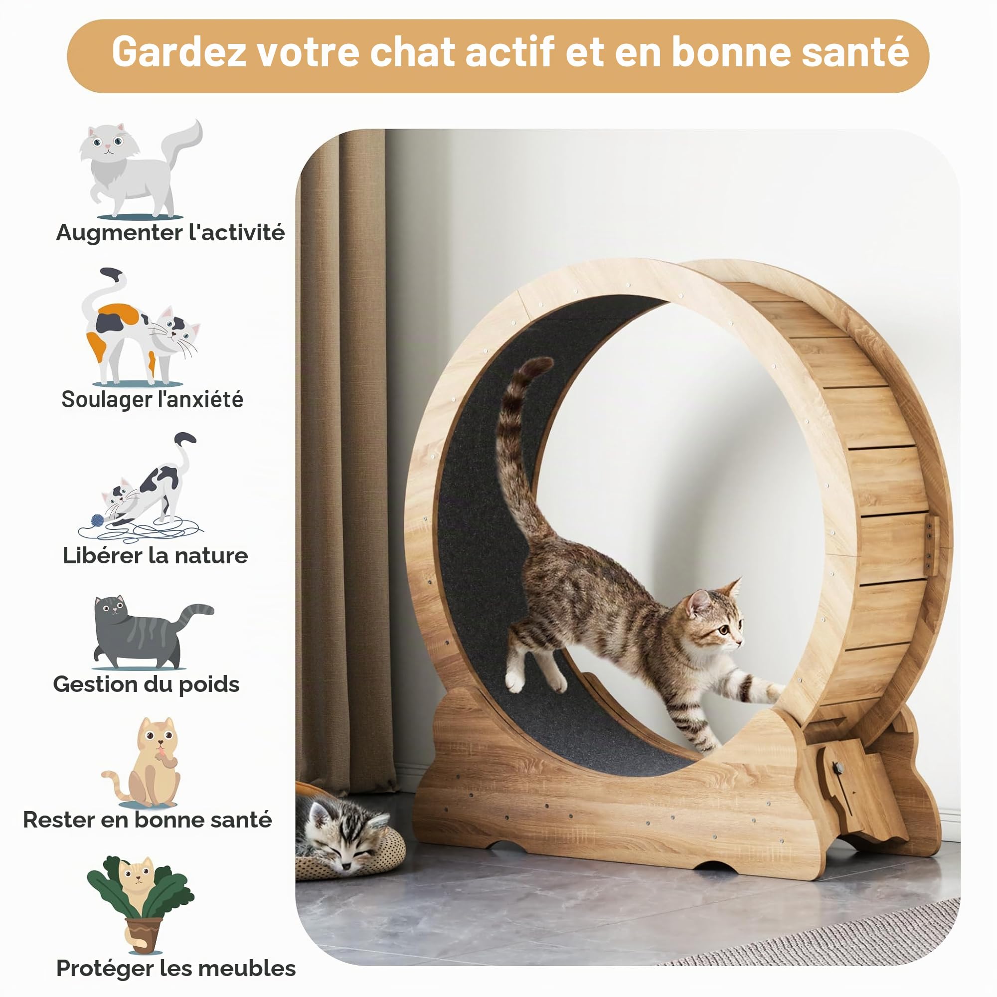 Mondeer Roue pour Chat d'intérieur avec Piste Moquette, Tapis de Course XL de 90 cm avec Tapis Amovible et Jouet pour Chat, pour Course à Pied, Marche, entraînement (Bois Naturel)