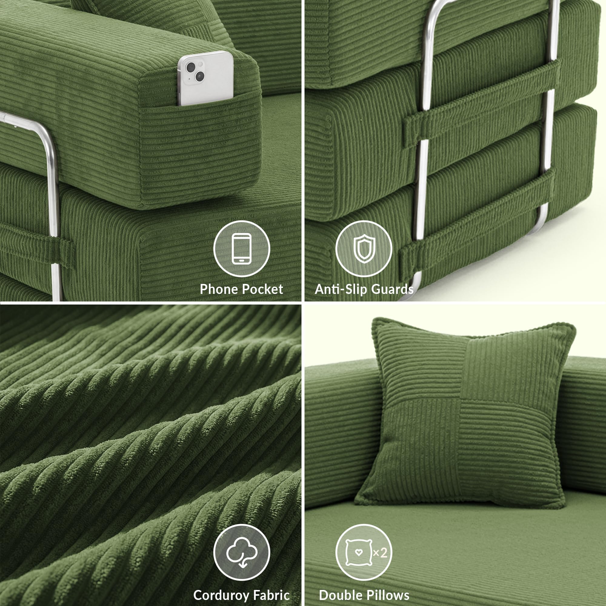 YINIX Divano Letto Pieghevole 200cm Super King, Divano Modulare Futon Boneless, Velluto a Coste con Telaio in Metallo, Materasso da Terra 3 Posti, Base Antiscivolo, Rivestimento Lavabile