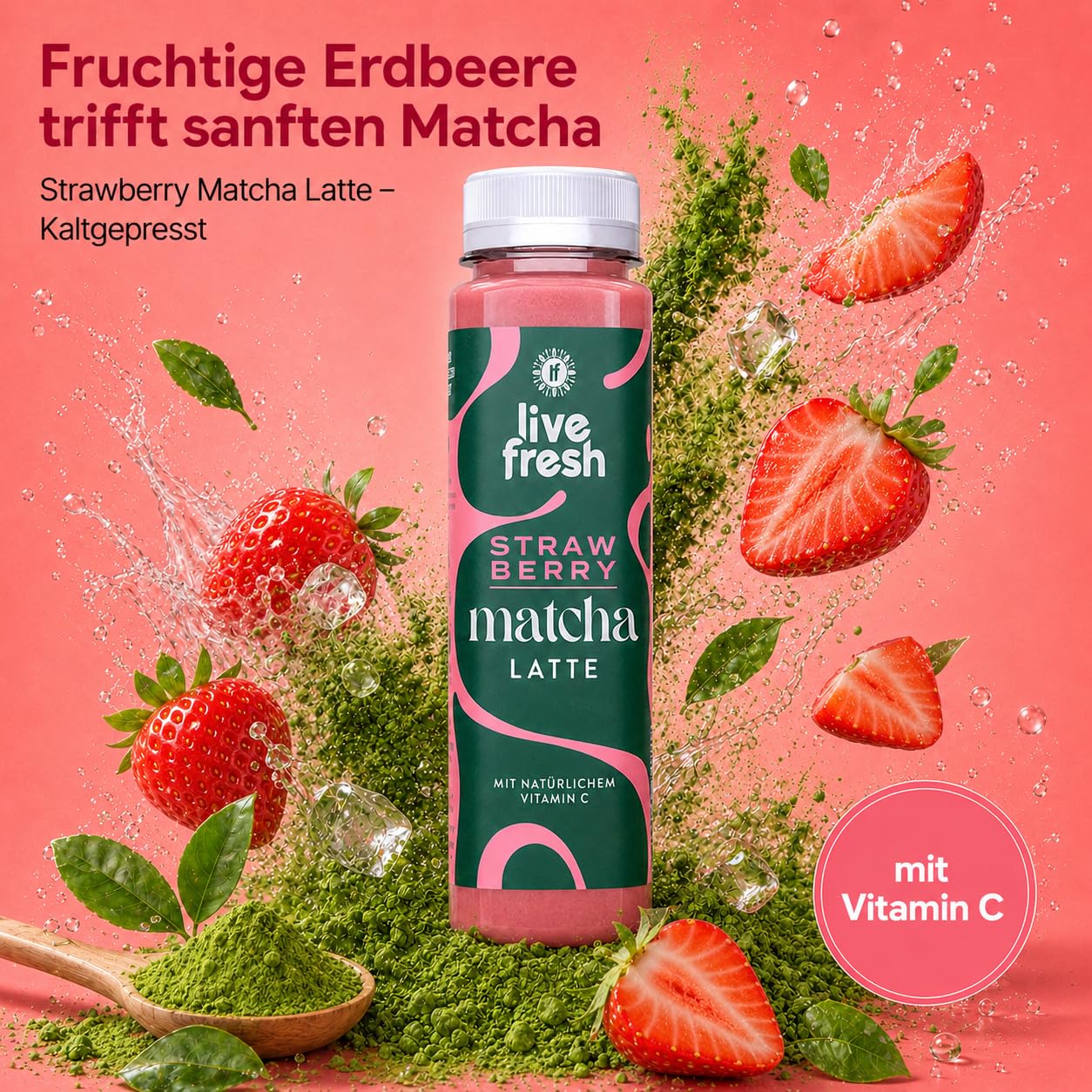 LiveFresh Matcha Latte Erdbeere – Fruchtiges Matcha Getränk mit Vitamin C – 6x250ml