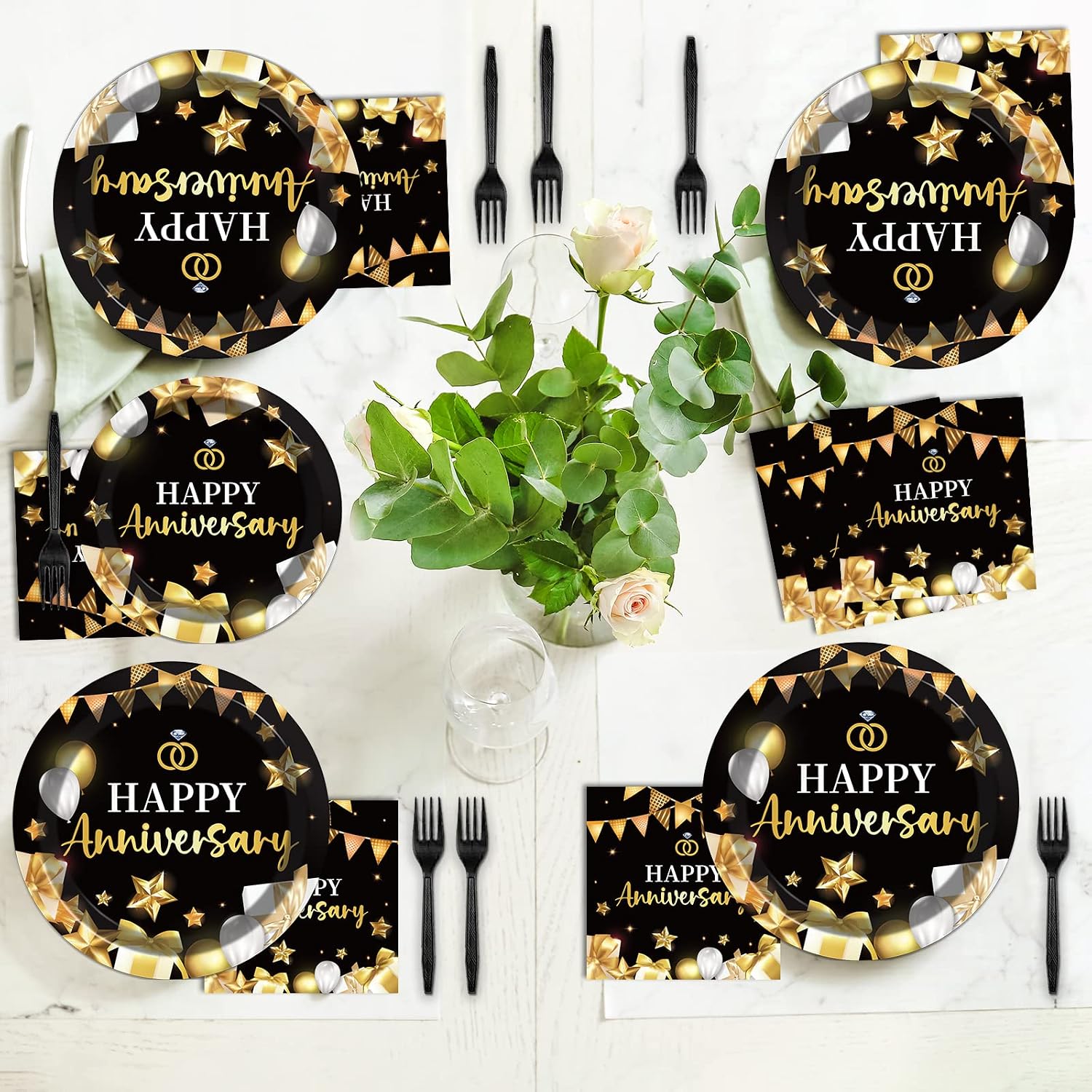 chiazllta 96 Pcs Anniversary Party Paper Plate and Napkins Gold Black Disposable Tableware Wedding Anniversary Party Supplies for 40th 50th 60th Wedding Favors 24 Guests