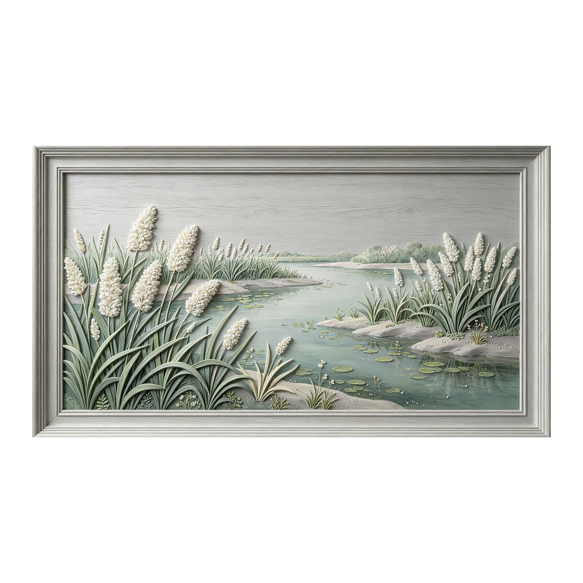 Murasolite 3D Framed Wall Art Lakeside Meadow Landscape Relief Effect SelfAdhesive Fabric Mural Wall Decor， Peel and Stick No Damage to Wall， AntiFall Safe Design for Bedroom Living Room