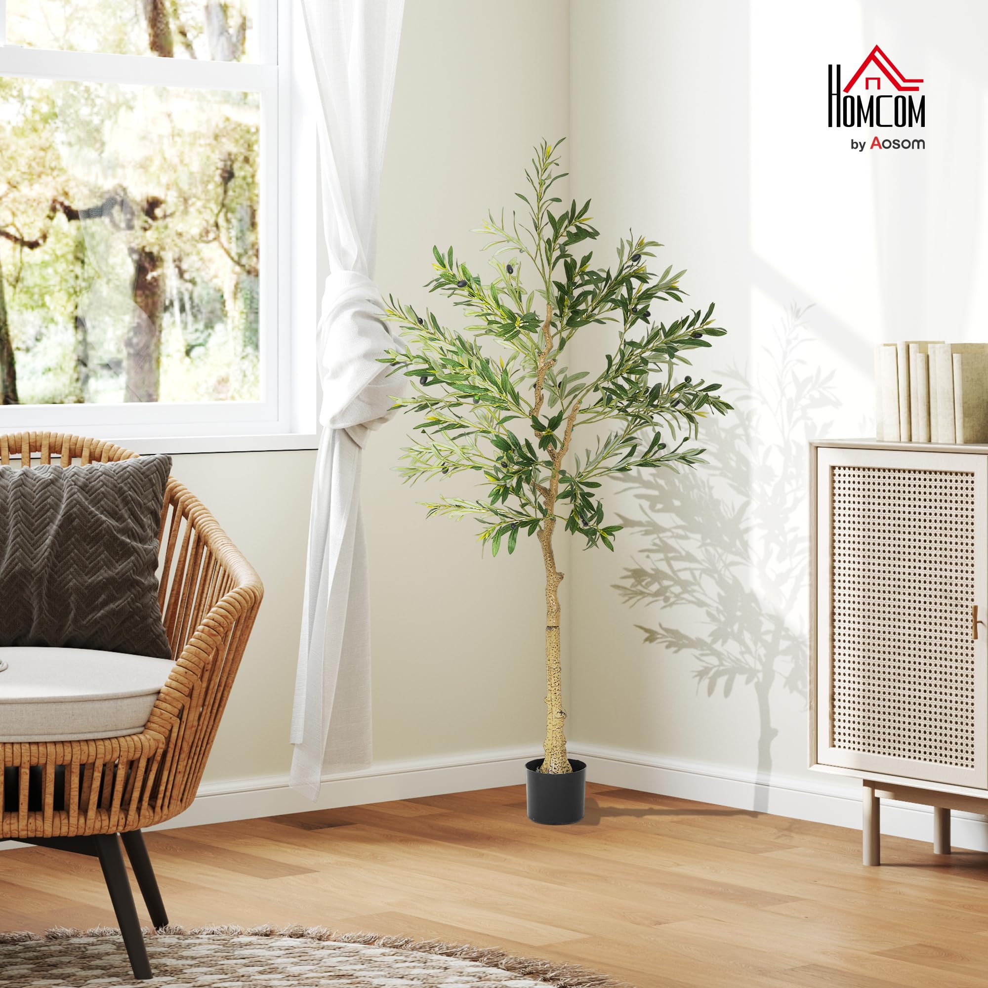 HOMCOM Olivo Artificial 150 cm Planta Artificial Decorativa Grande Árbol Artificial de Interior con 32 Aceitunas Decoración para Hogar Oficina Balcón Dormitorio Verde