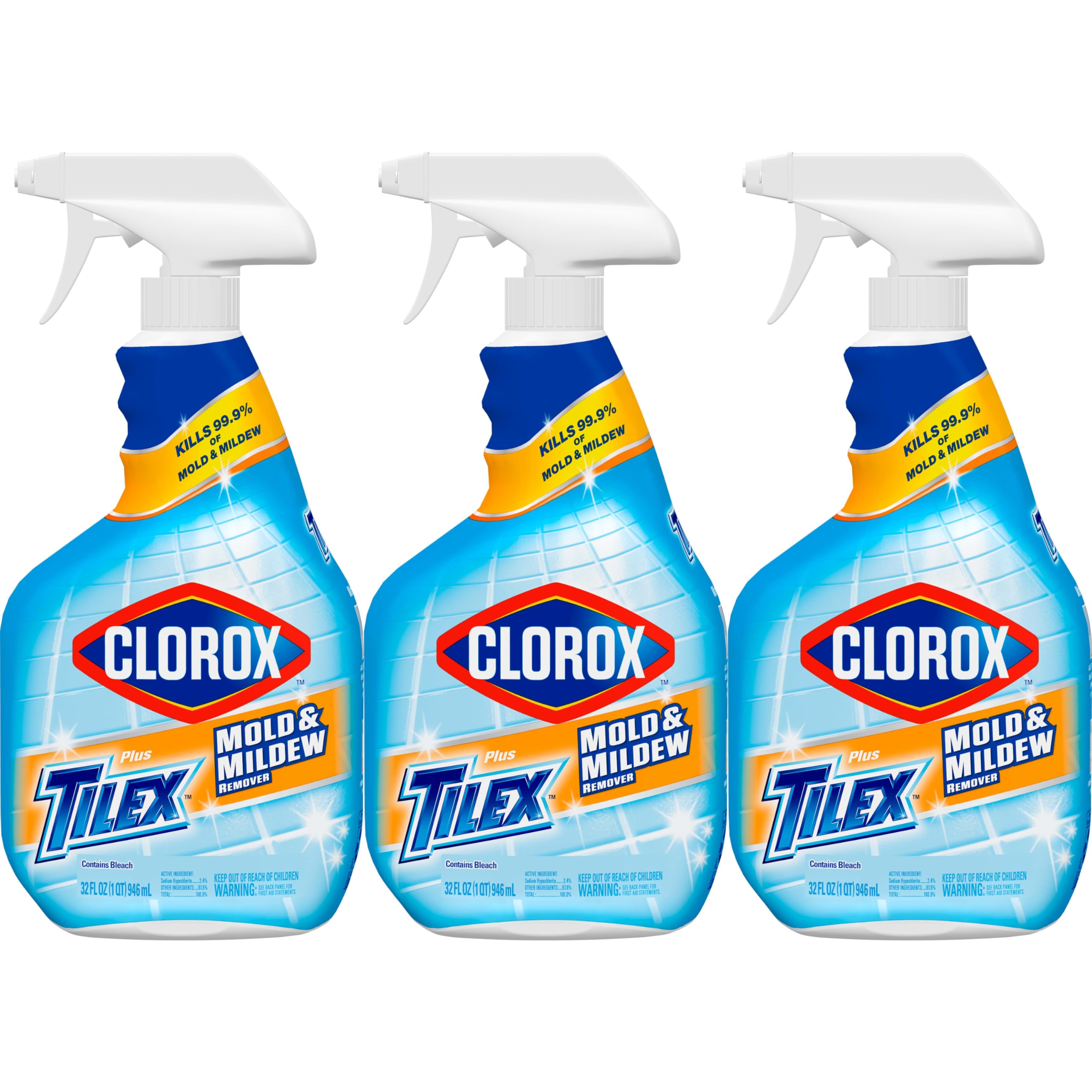 Clorox Plus Tilex Mold and Mildew Remover with Bleach Spray Bottle 32 Fluid Ounces Pack of 3