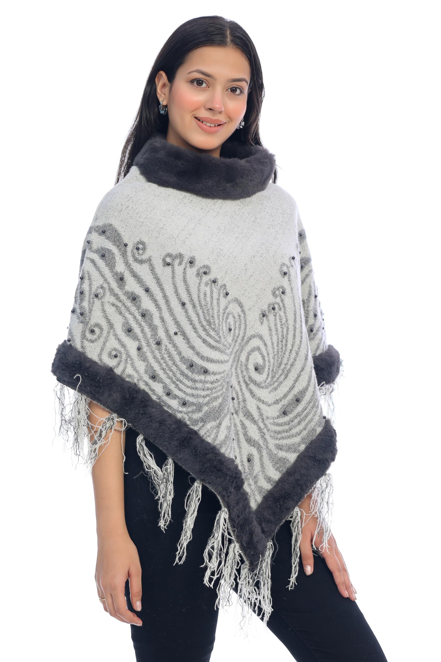 i-bar Women's Woolen Poncho with High Neck & Tassels – Stylish Winter Cape Shawl for Ladies (Free Size)-picture-32