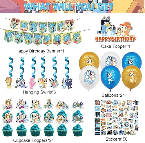 Miniatura 2 de 106 piezas de suministros de fiesta de cumpleaños Blueys incluyen pancarta de feliz cumpleaños remolinos colgantes adorno de pasteles cupcakes