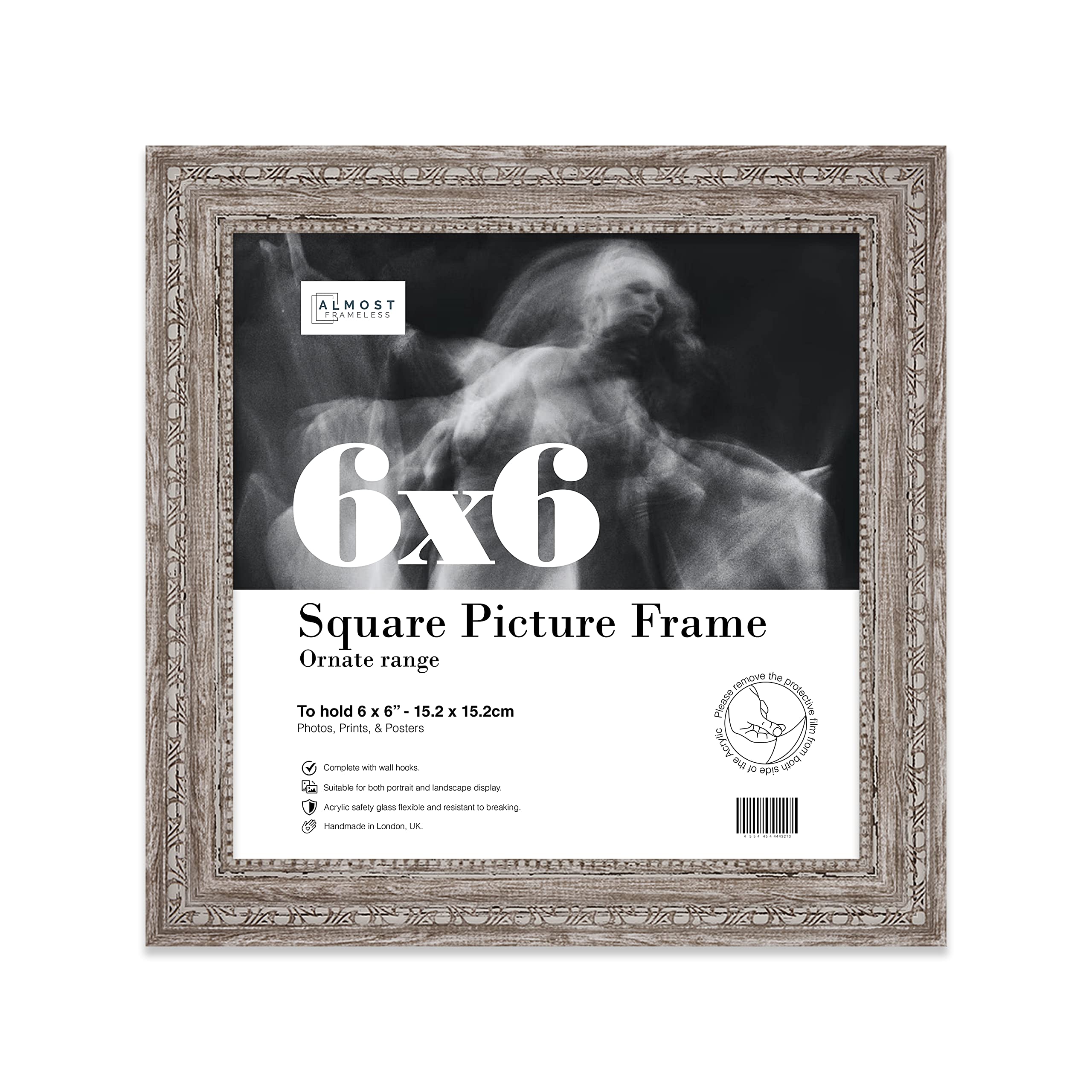 Almost Frameless 6x6 Walnut Ornate Picture Frame 6"x6" (15.2x15.2cm) Poster, Photo, Artwork, or Print. Baroque Style Portrait and Landscape Display with Wall Hooks