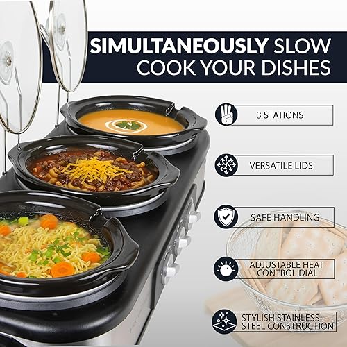 Miniatura 2 de HomeCraft HCTSC15SS - Buffet ovalado de acero inoxidable de 3 estaciones de 1.5 cuartos de galón, con tapa y soporte de cuchara, control de calor