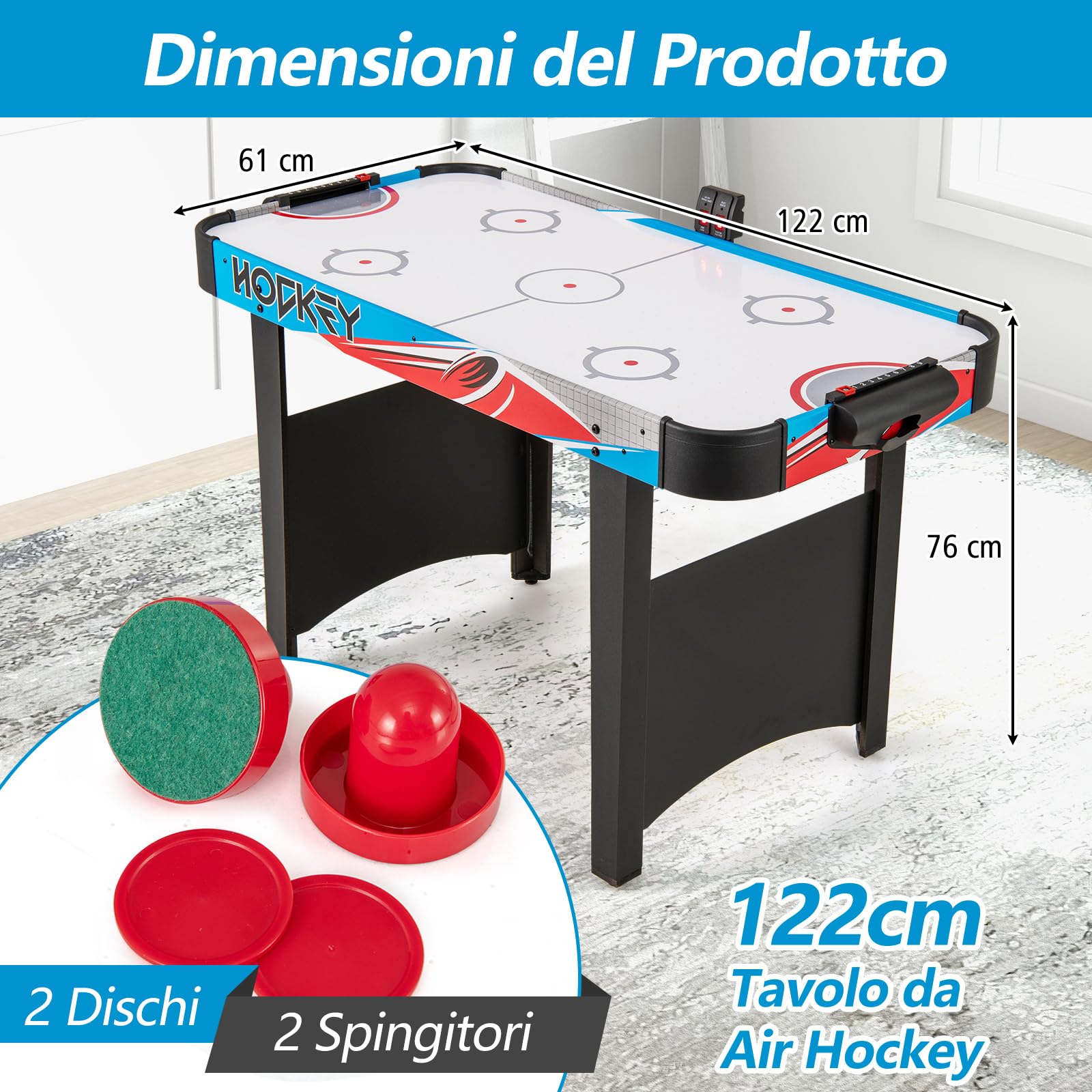 COSTWAY Tavolo da Air Hockey, con Tabellone Segnapunti LED e Motore 12V, Tavolo da Hockey ad Aria con 2 Dischi e 2 Spintori, 122 x 61 x 76 cm