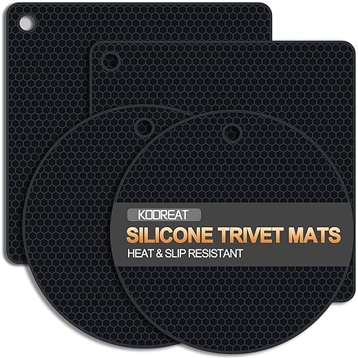 4 Pack Silicone Trivets for Hot Dishes, Heat-Resistant Non-Slip Hot Pads for Kitchen Countertops and Tables, Food-Grade Thick Silicone Mats (Black)