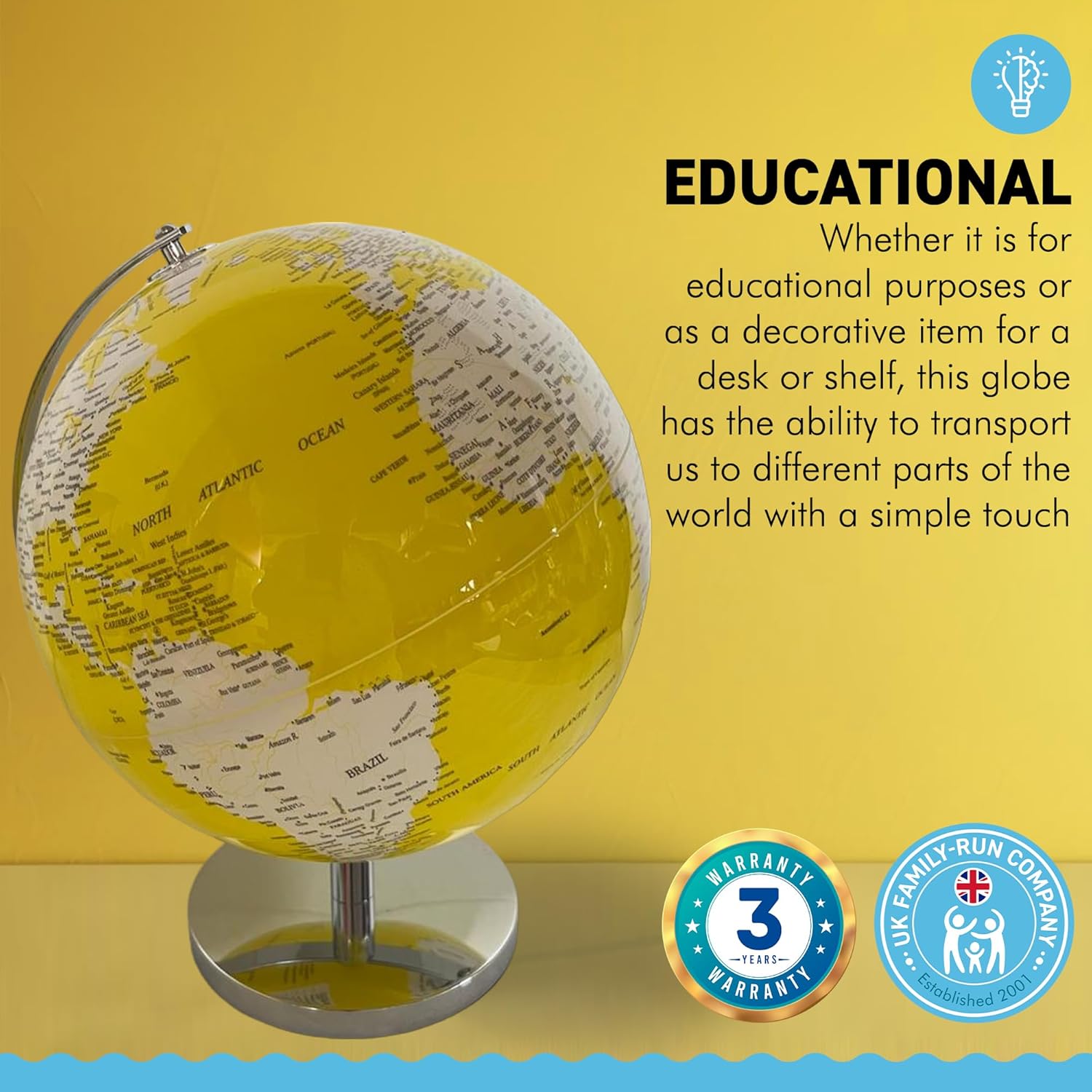 YELLOW WORLD GLOBE | Globes of the world | World globe for adults | Earth globe | Desk ornament | Explorers gift | World globe | 25cm (D) x 25cm (W) x 30 cm (H)