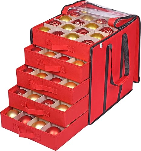ProPik Cajas de almacenamiento de adornos de Navidad con divisores 5 bandejas separadas soporte para adornos mantiene 100 adornos navideños bolsa de