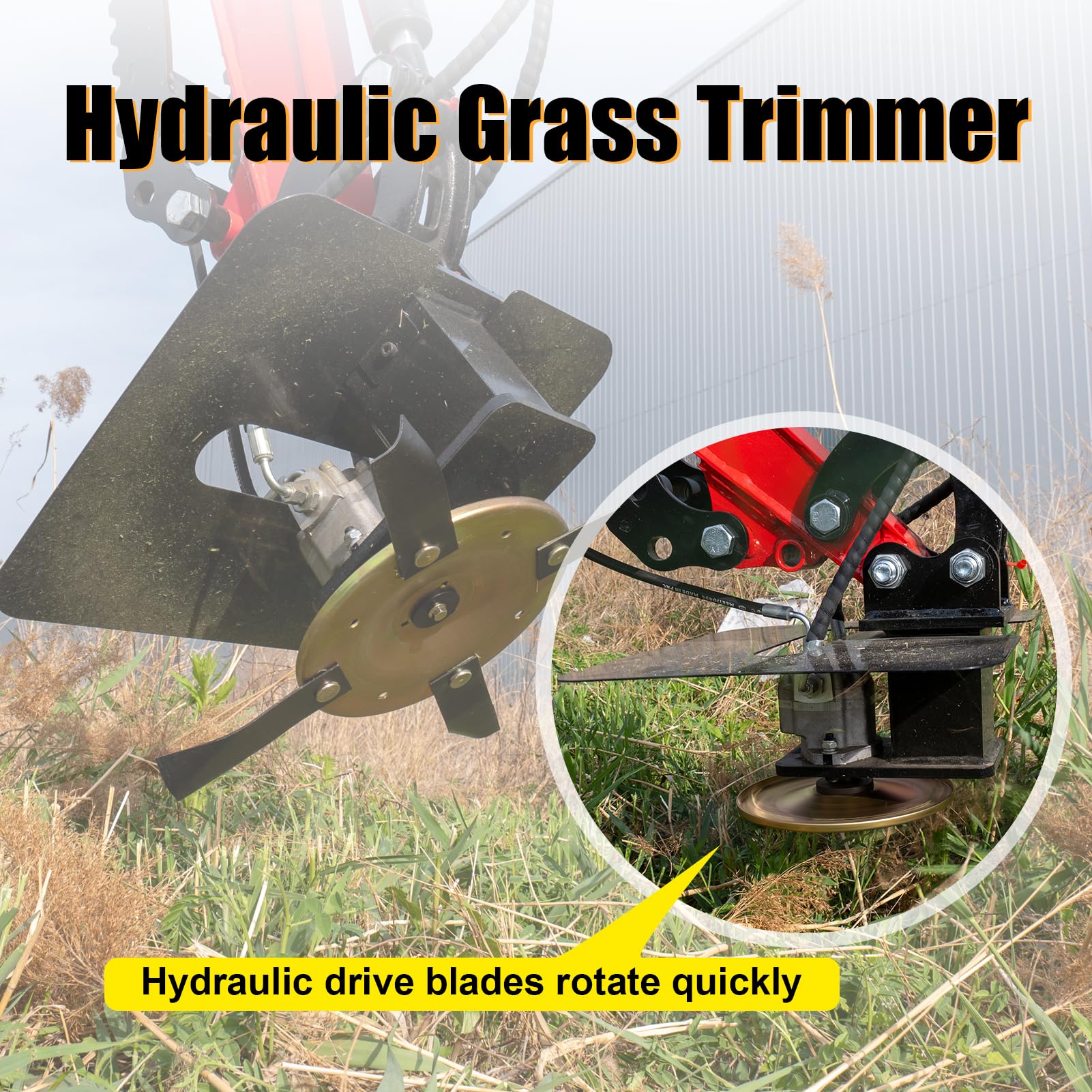 Desbrozadora rotativa para miniexcavadora 1–2 t, 2 pasadores | Accionamiento hidráulico, disco de corte giratorio, cuchillas reforzadas, para hierba maleza y ramas pequeñas, stock DE