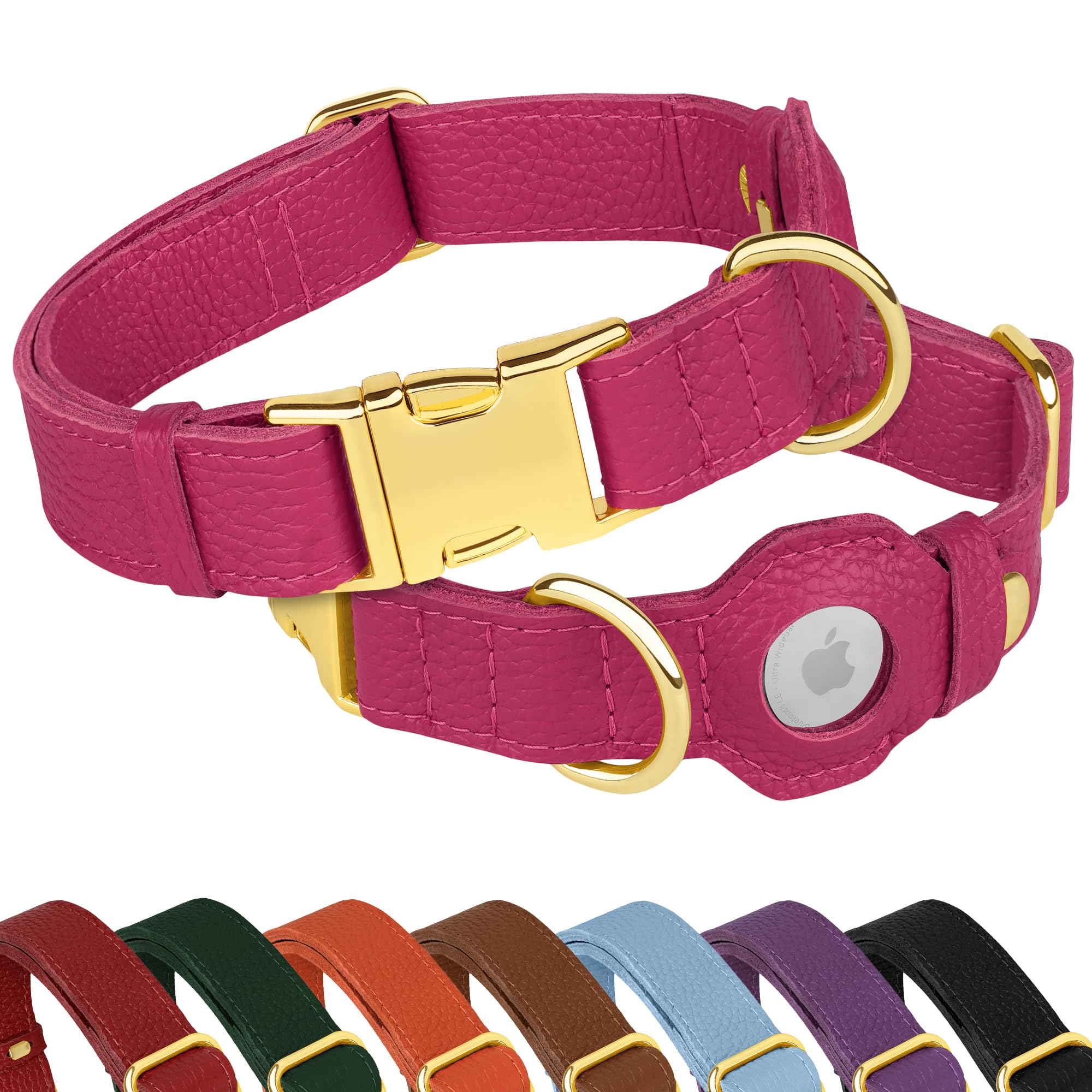 Leather Airtag Dog Collar - Soft Tracking Dog Collar with Apple AirTag Holder and Metal Buckle - Safety GPS Pet Collars for Small Medium Large Dogs