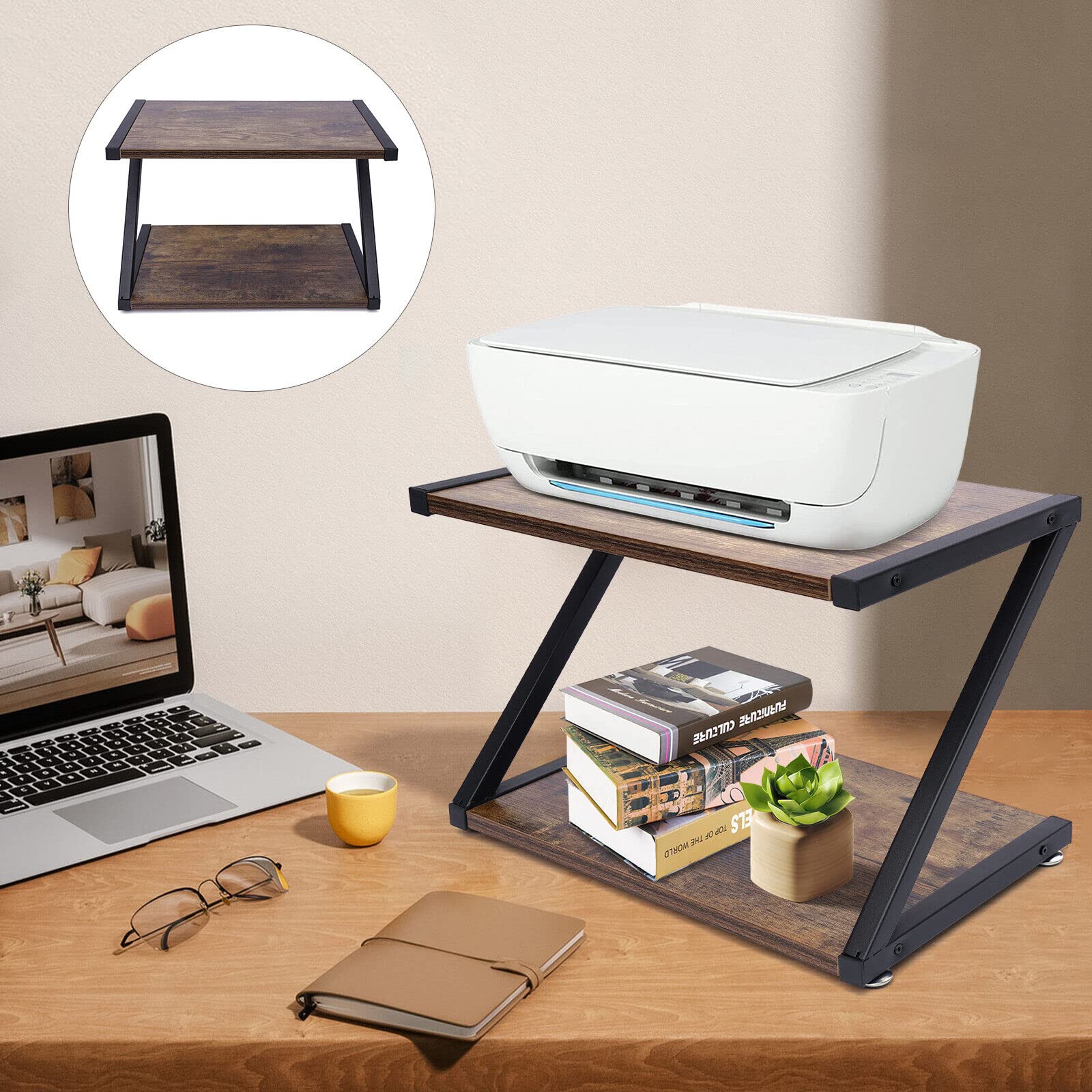 Supporto per stampante, da scrivania, in legno, per stampante a 2 ripiani, per fax, libri, scanner, fotocopiatrice, scanner