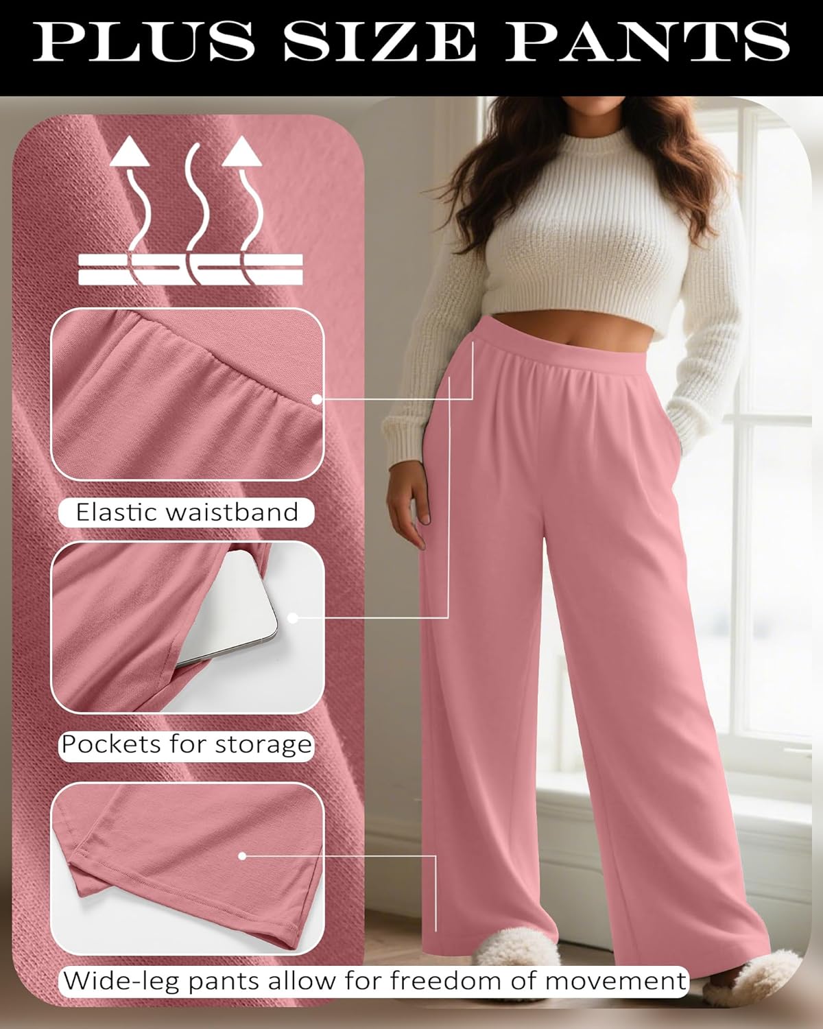 Huukeay 3 Pack Women's Plus Size Pants, High Waisted Wide Leg Pants Casual Pajamas Pants Loose Yoga Sweatpants with Pockets - Image 5