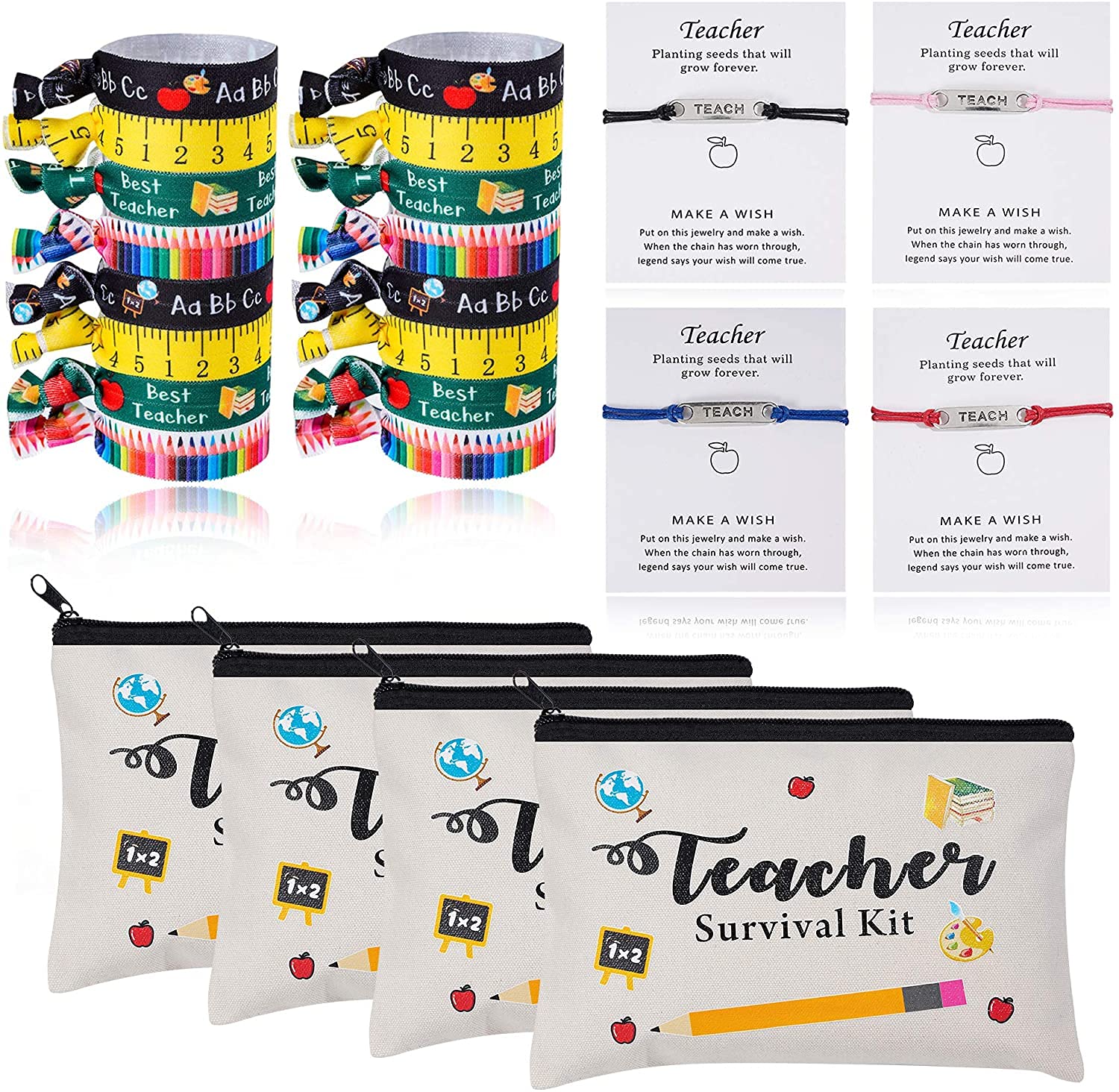 48pcs Teacher Appreciation Gifts 8 Makeup Pouch Cosmetic Bag and 8 Teach Blessing Card Bracelets with Greeting Card and 32 Teacher Hair Ties No Crease Ribbon Hair Ties Elastic Ponytail Holder