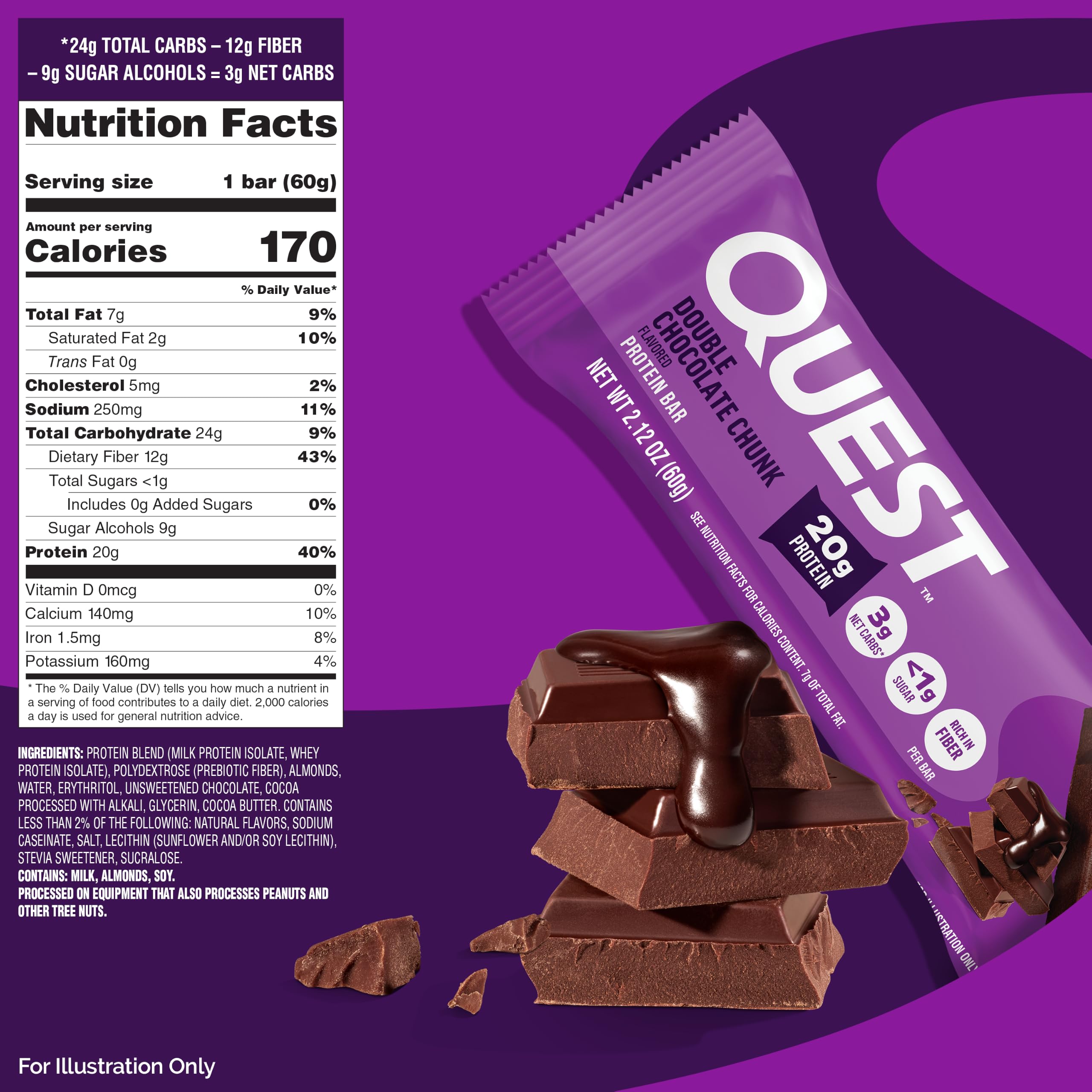 Quest Nutrition Double Chocolate Chunk Protein Bars, 20g Protein Bars, 1g Sugar, 4g Net Carb, Gluten Free, Keto Friendly, 4 Count — Amazon image 2