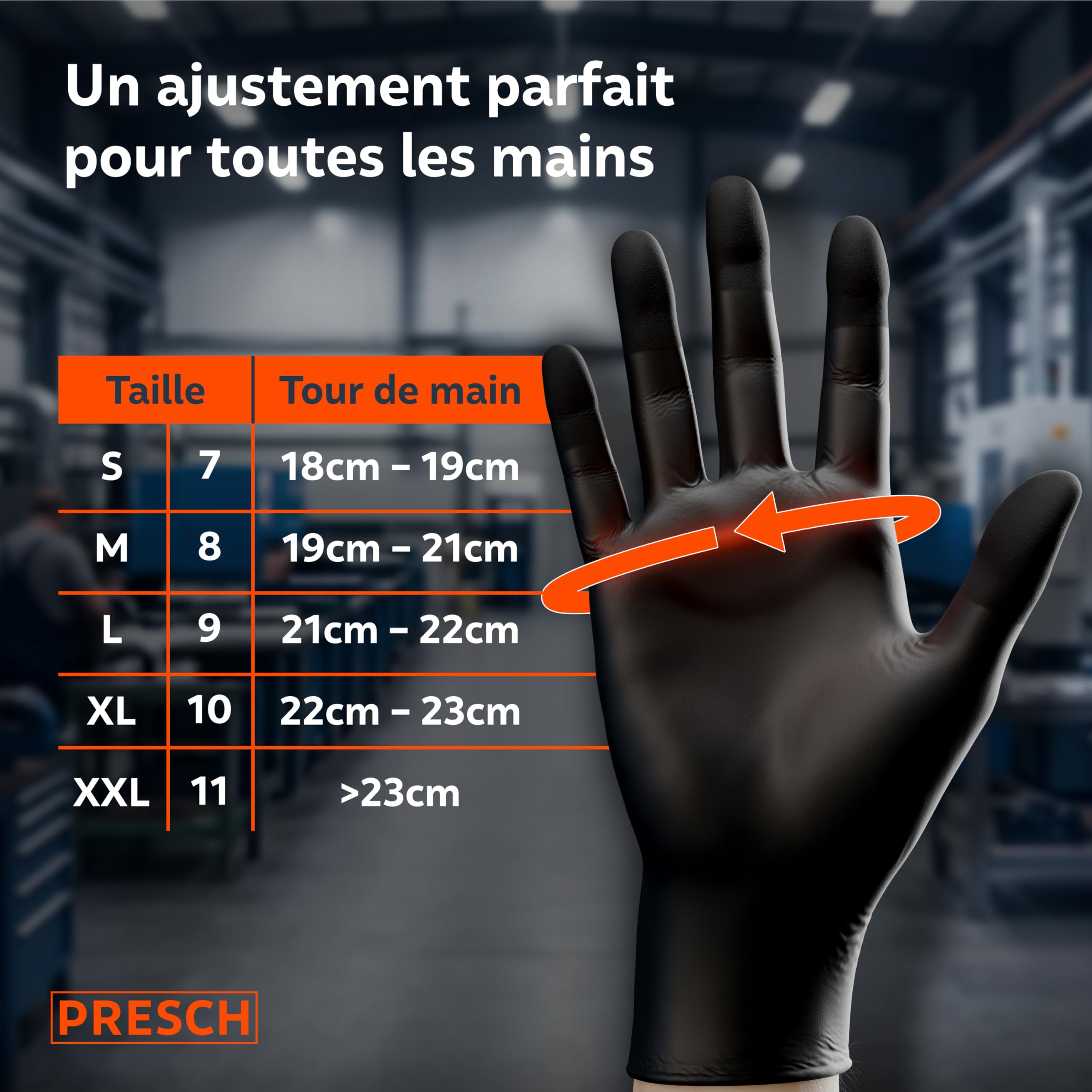PRESCH Gants Jetables Noir 100 pc (L - 9) - Gants en nitrile avec bouts de doigts texturés - Sans latex et poudre - Résistant aux déchirures grâce à son bord roulé renforcé
