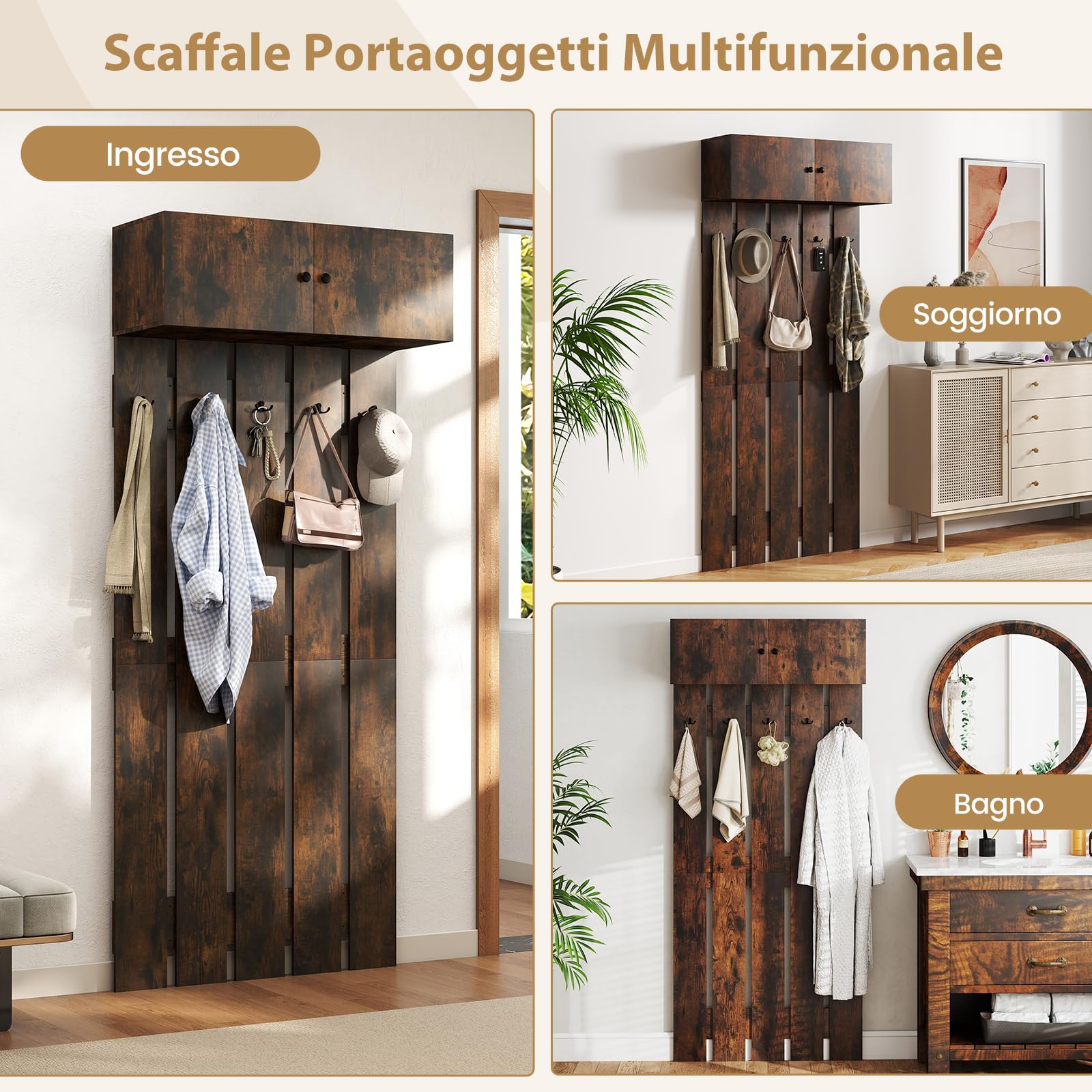 COSTWAY Appendiabiti da Parete per Ingresso, Attaccapanni in Legno con 5 Ganci Doppi e Armadietto a 2 Ante, Mensola Salvaspazio per Camera da Letto, Soggiorno e Cucina, 90 x 33 x 210 cm (Marrone)