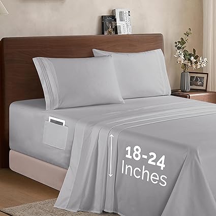 Elegant Comfort Luxury 1500 Premium Hotel Quality Microfiber 4-Piece Sheet Set - Soft, All Around Elastic 18-24 Inches Deep Fitted Sheet - Extra Deep Pocket Sheets, California King, Silver Grey