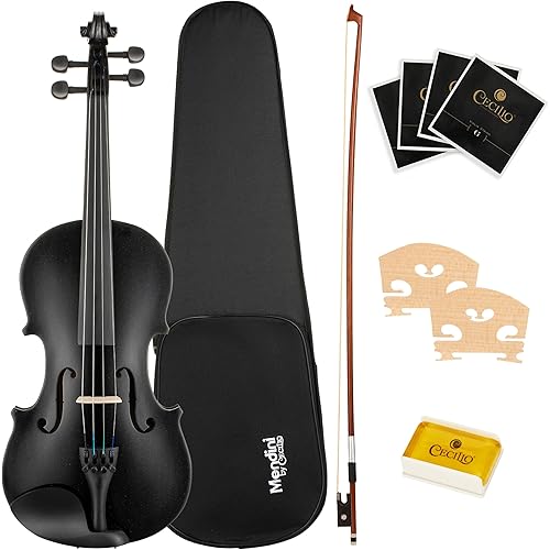 Mendini by Cecilio 16-Inch Solid Wood Violin Set for Beginners - Hand Carved Acoustic Viola Kit - Fiddle Set with Hard Case, Bow, Rosin, Bridge and Extra Strings (Black)