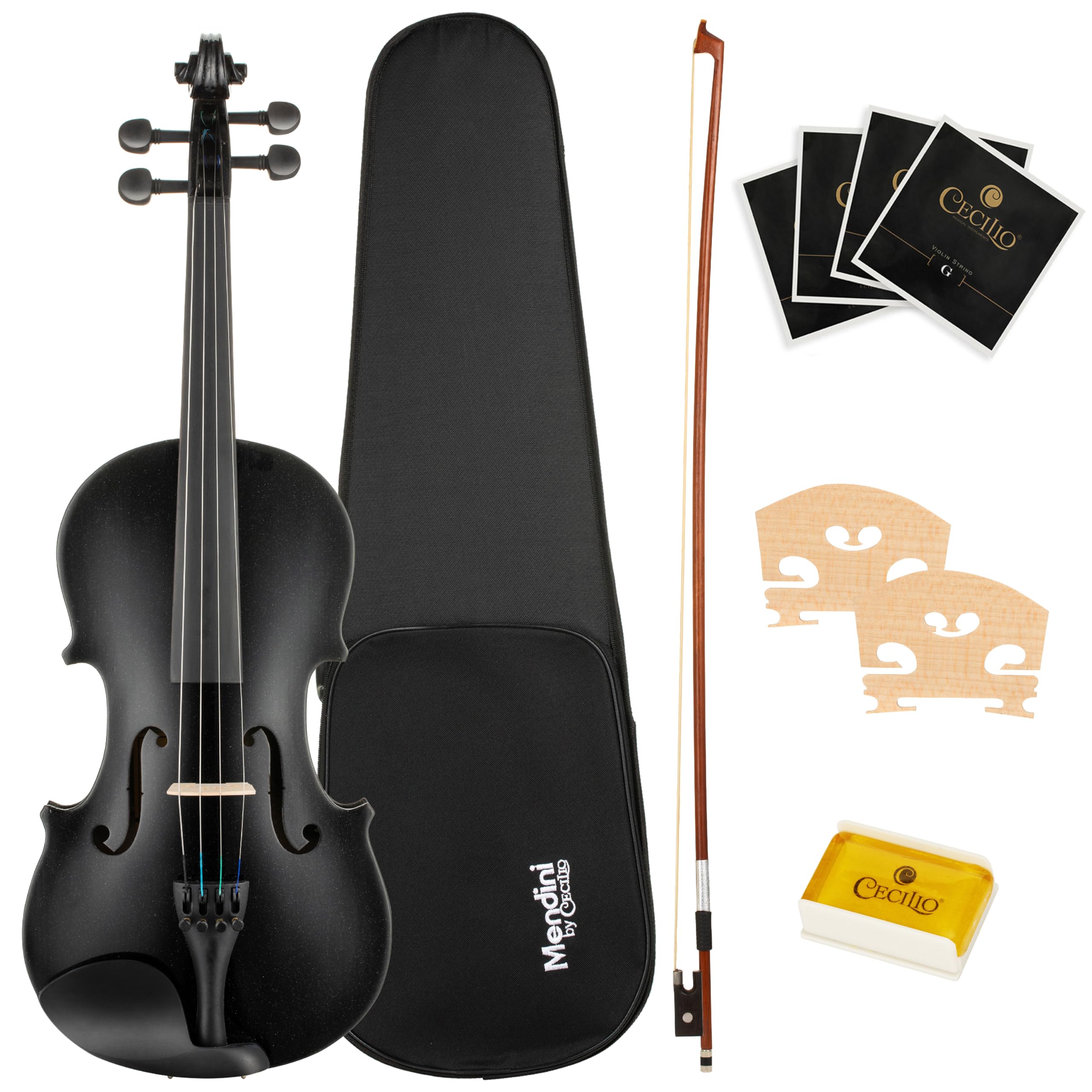 Mendini by Cecilio 16-Inch Solid Wood Viola Set for Beginners - Hand Carved Acoustic Viola Kit with Hard Case, Bow, Rosin, Bridge and Extra Strings (Black)