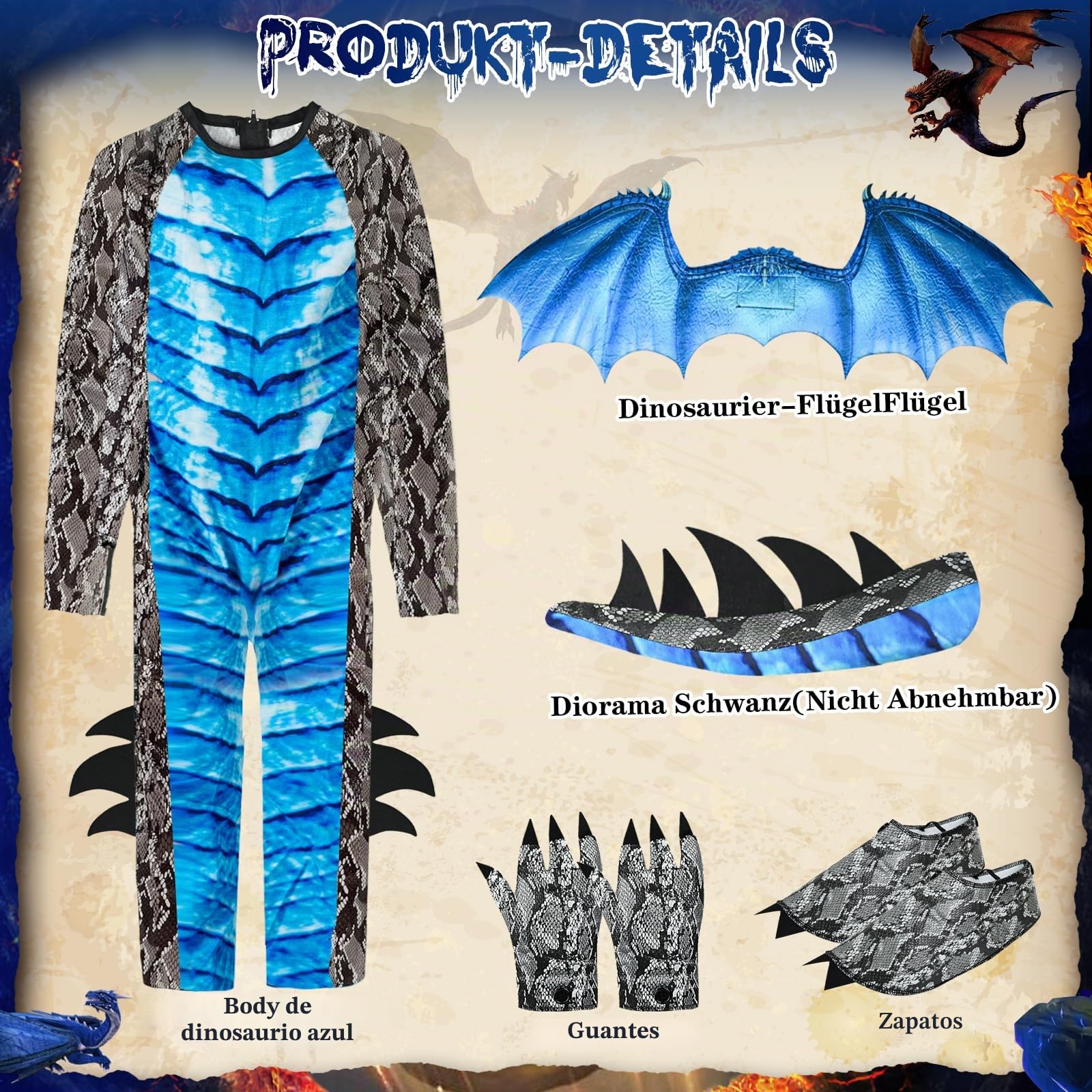 Ulikey Disfraz de Dragón Niño, Disfraz Carnaval Niño, Alas Dragón Disfraz y Máscaras, Azul Rojo Traje de Dragón, Mono, Traje de Carnaval Halloween Fiestas Cosplay para 5-12 Años Niños