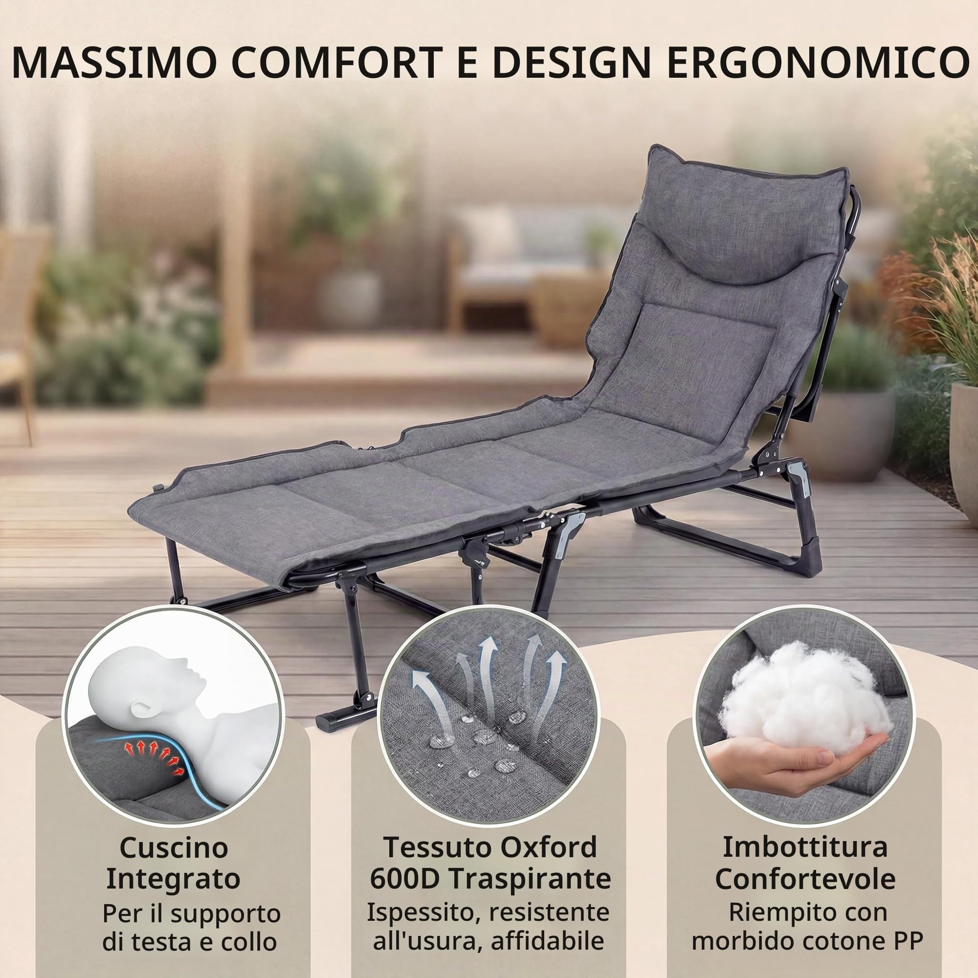 GIANTEX Lettino da Campeggio Pieghevole e Portatile conSchienale Regolabile | Brandina Trasformabile con Imbottitura e Cuscino, Sdraio Prendisole, Sedia, per Esterno e Interno, Max 200 kg, Grigio