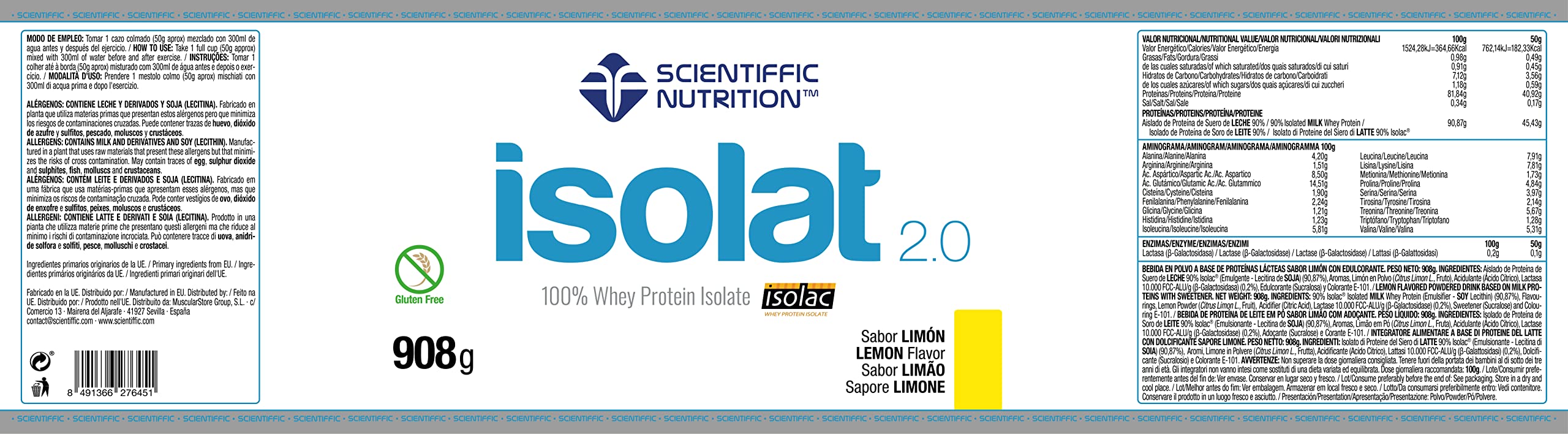 Scientiffic Nutrition - Isolat 2.0, Whey Protein, Suplemento de Proteina Aislada ISO con Lactasa, Proteina de Suero de Leche en Polvo - 908g, Limón.