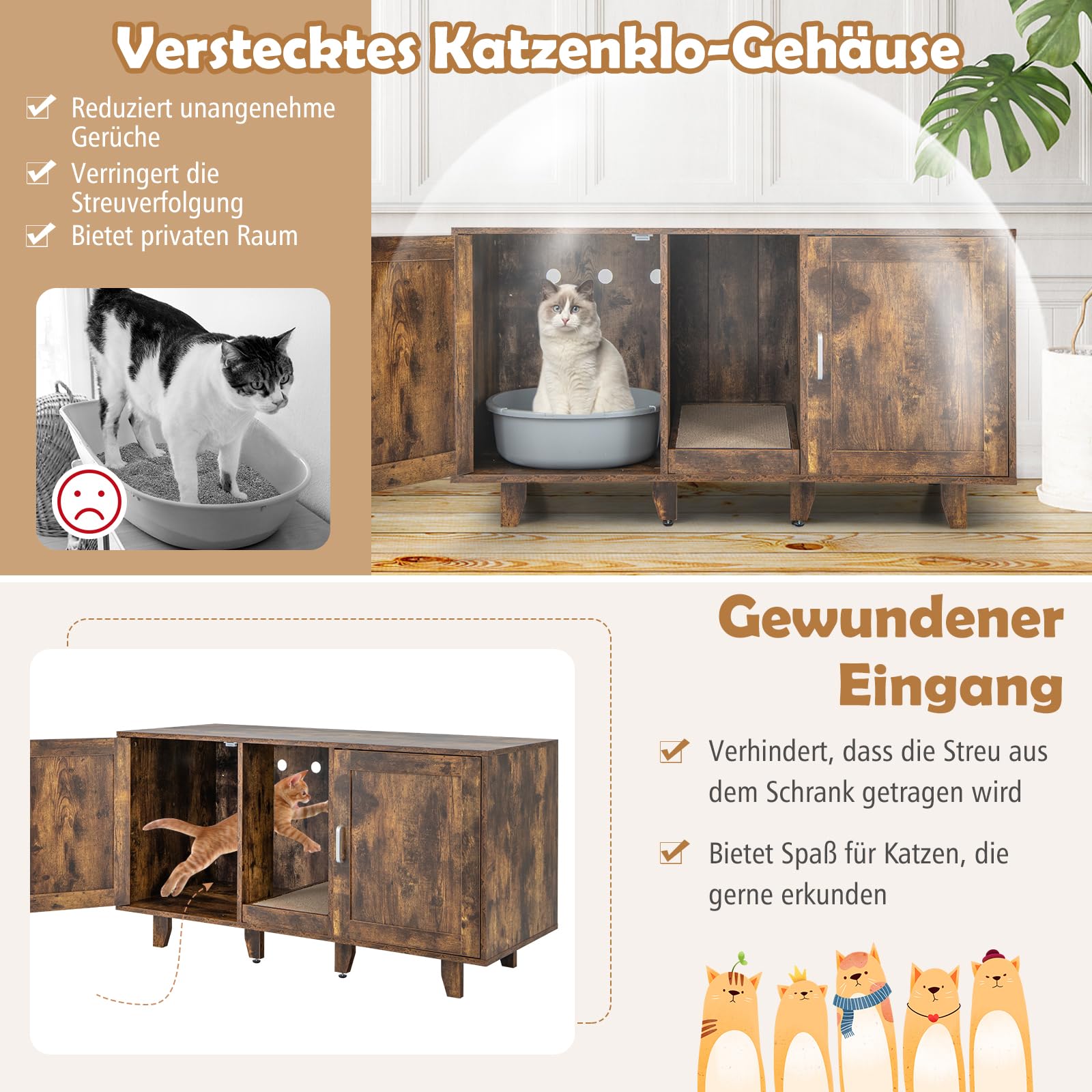 COSTWAY Kattenkast Met 2 Deuren - Kattentoilet Meubel 120x52x65cm Vintage