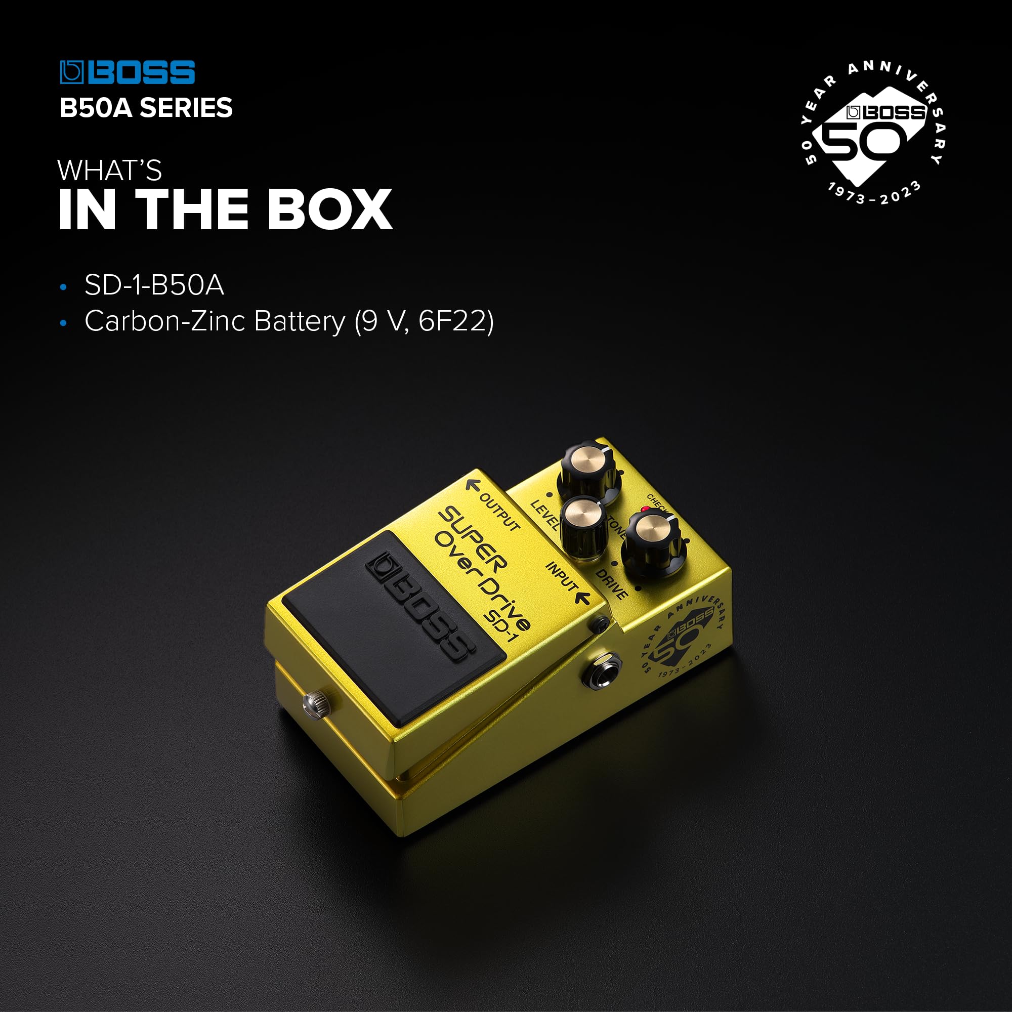 Pedale BOSS SD-1-B50A Super Overdrive | Pedale Compatto in Edizione Limitata per il 50° Anniversario | Finitura Metallizzata, Vite in Argento, Manopole Dorate ed Emblema del 50° Anniversario