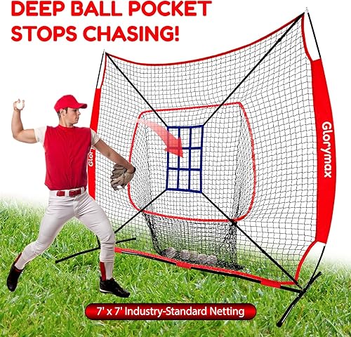 Miniatura 6 de Red de práctica de bateo de béisbol, 7 x 7 pies, con camiseta y objetivo de zona de ataque de 9 agujeros, portátil con bolsa de transporte