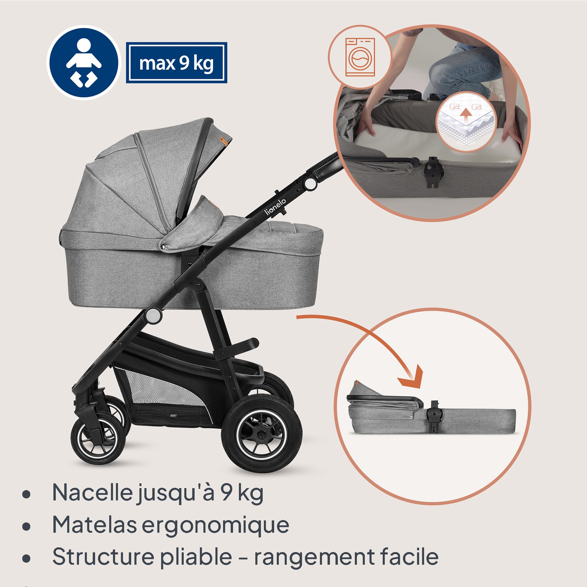 LIONELO BIANKA Poussette 3 en 1 max 22 kg Nacelle max 9 kg Siège-auto max 13 kg Poussette Pliable Système de Voyage Dossier Réglable Roues 360° Amorti Auvent XXL Trio poussettes combinées
