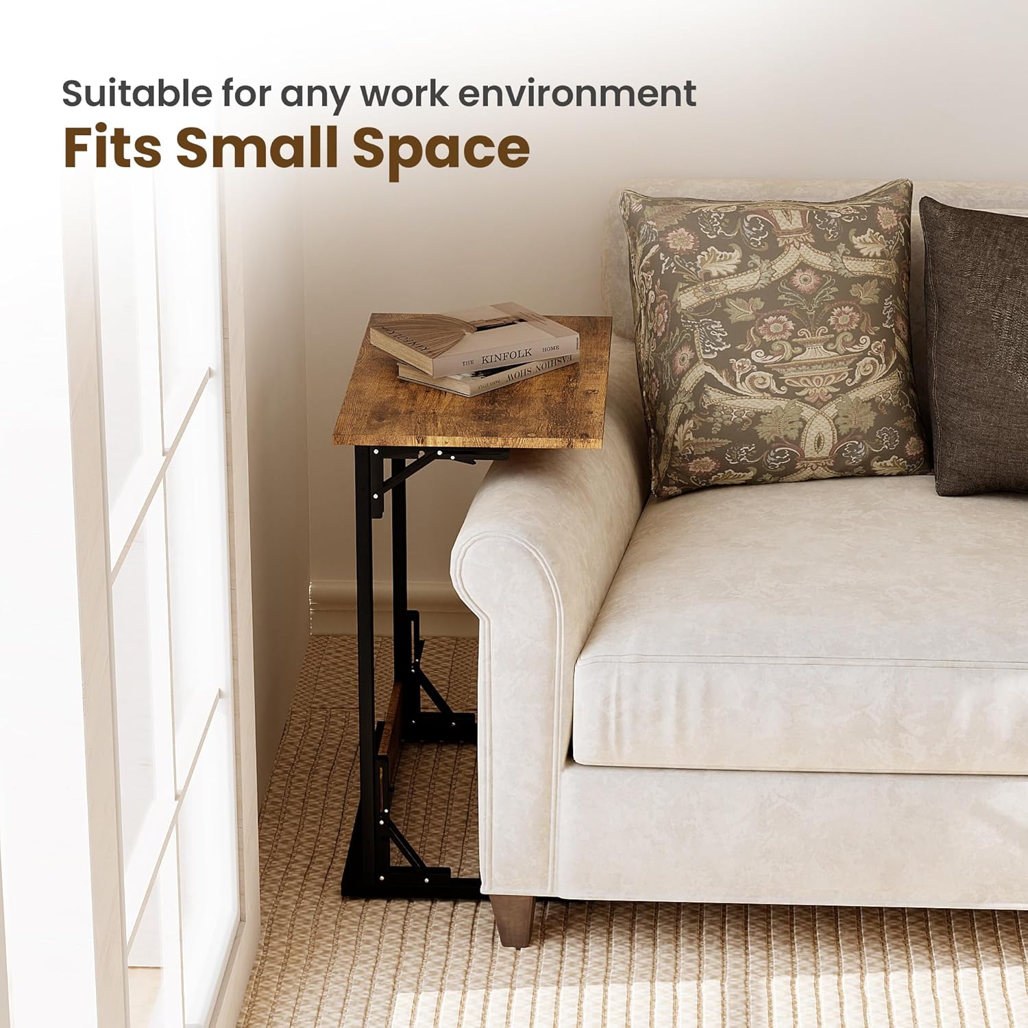 COSIEST Folding TV Tray Table, Foldable C-Shaped End Table for Couches, Sofa-Side Laptop Desk with Metal Frame for Living Room, Bedroom, Pre-Assembled (23.6" W x 14.5" D x 27.5" H, Rustic Brown)