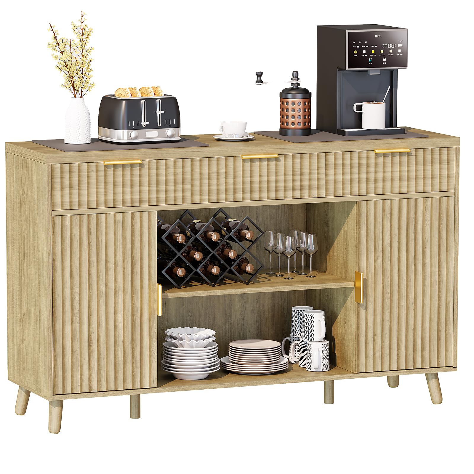 BEWISHOME Fluted Buffet Cabinet with Storage, Accent Modern Sideboard Cabinet Table with Barn Doors Drawers, Mid Century Buffet Table with Adjustable Shelves for Dining Room Kitchen KBG02Y