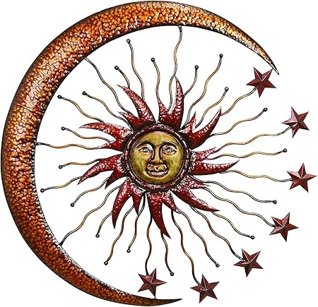 Bellaa Metal Wall Art Sun Moon Stars Celestial Indoor Outdoor Hanging Garden 3D Sculpture Retro Plaques Home Decor Large 36 inch